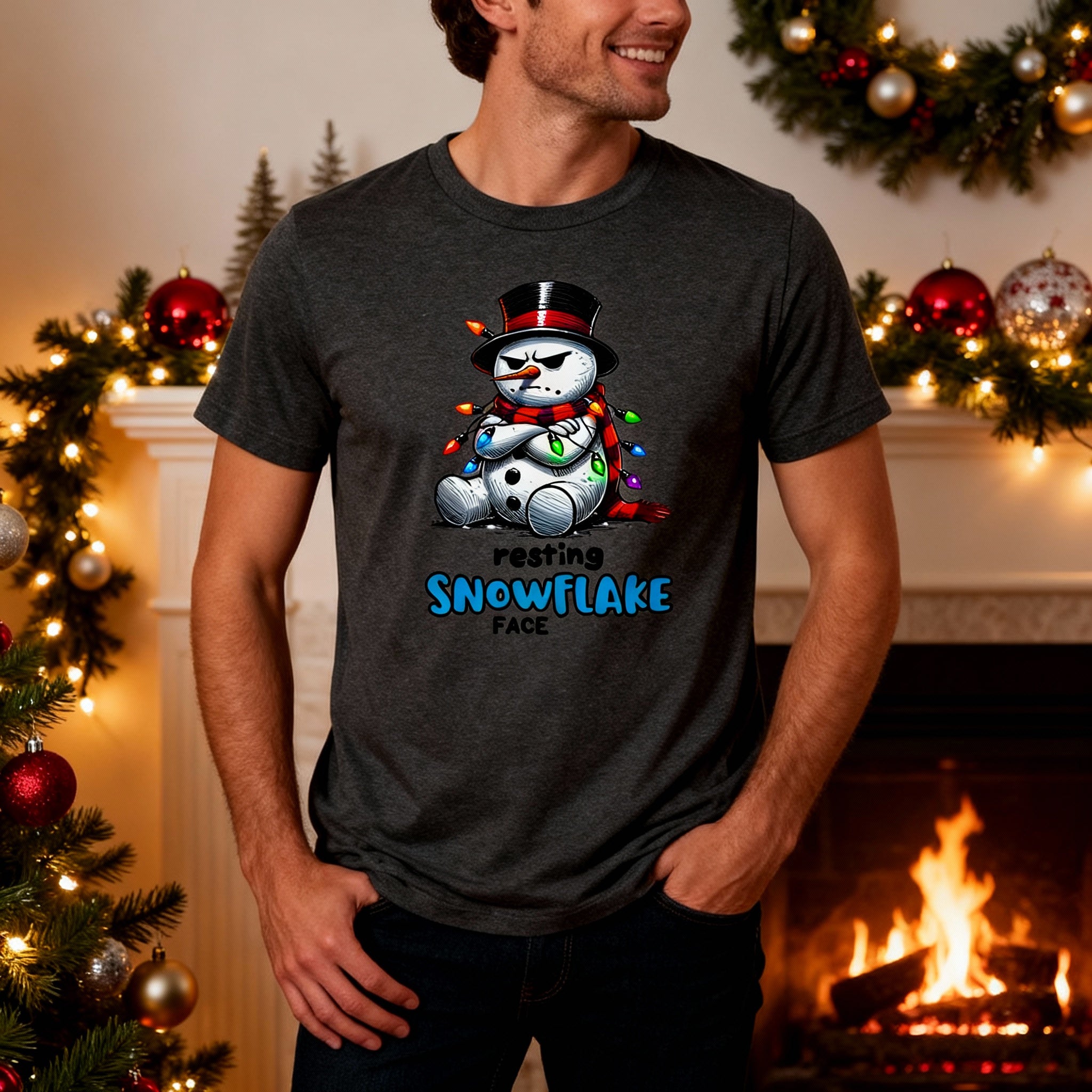 Resting Snowflake Face Snowman T Shirt Unisex Graphic With Christmas Lights And Top Hat