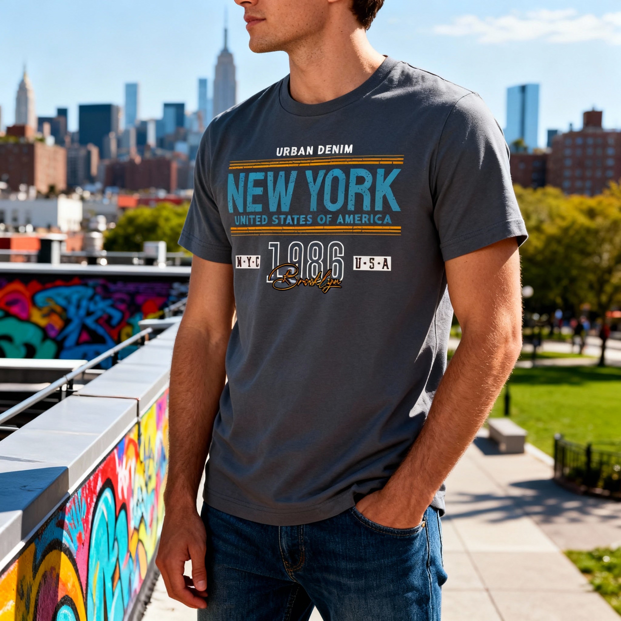 New York City Graphic T Shirt Urban Denim Brooklyn USA Unisex Short Sleeve