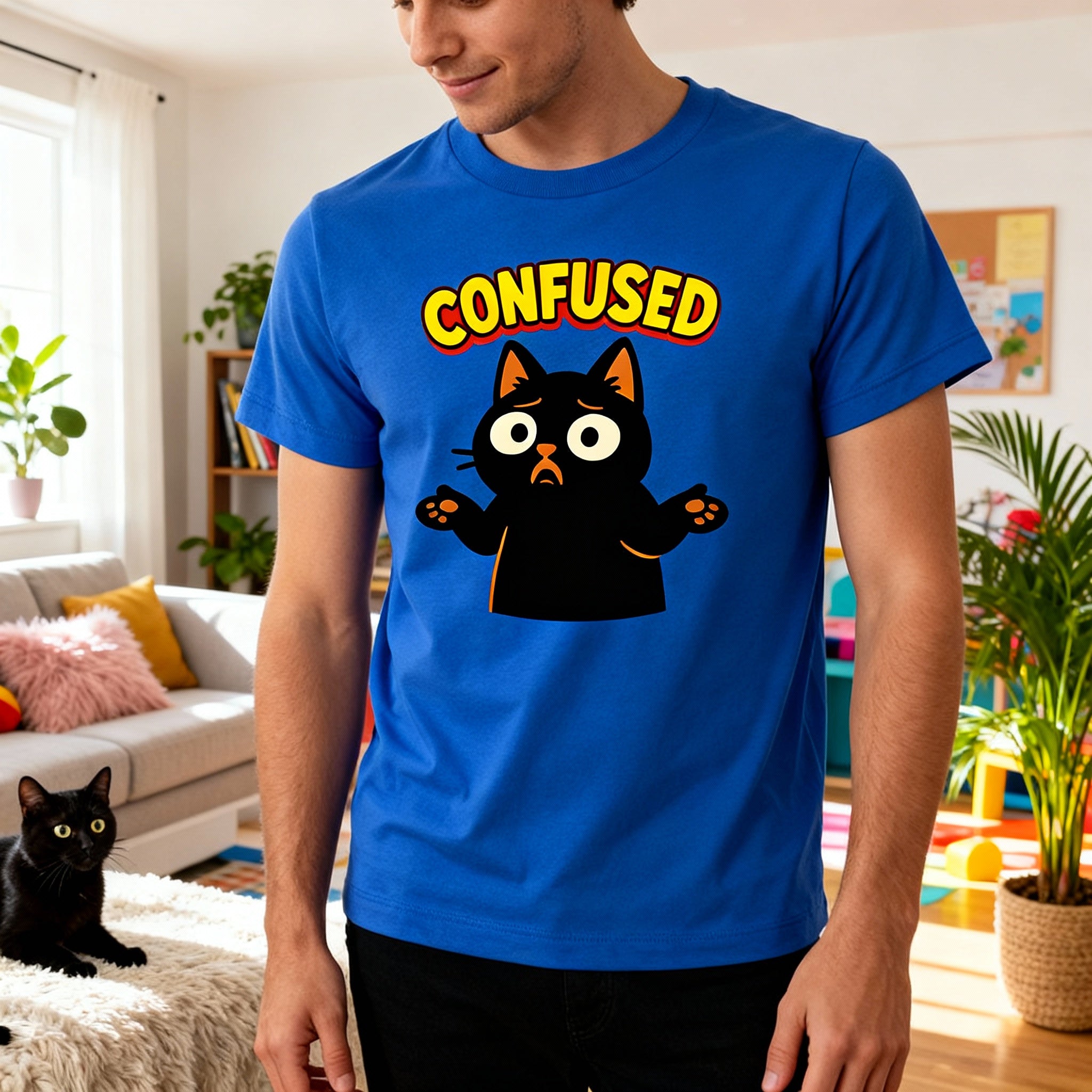 Confused Black Cat Unisex T Shirt Graphic Tee Gift Idea