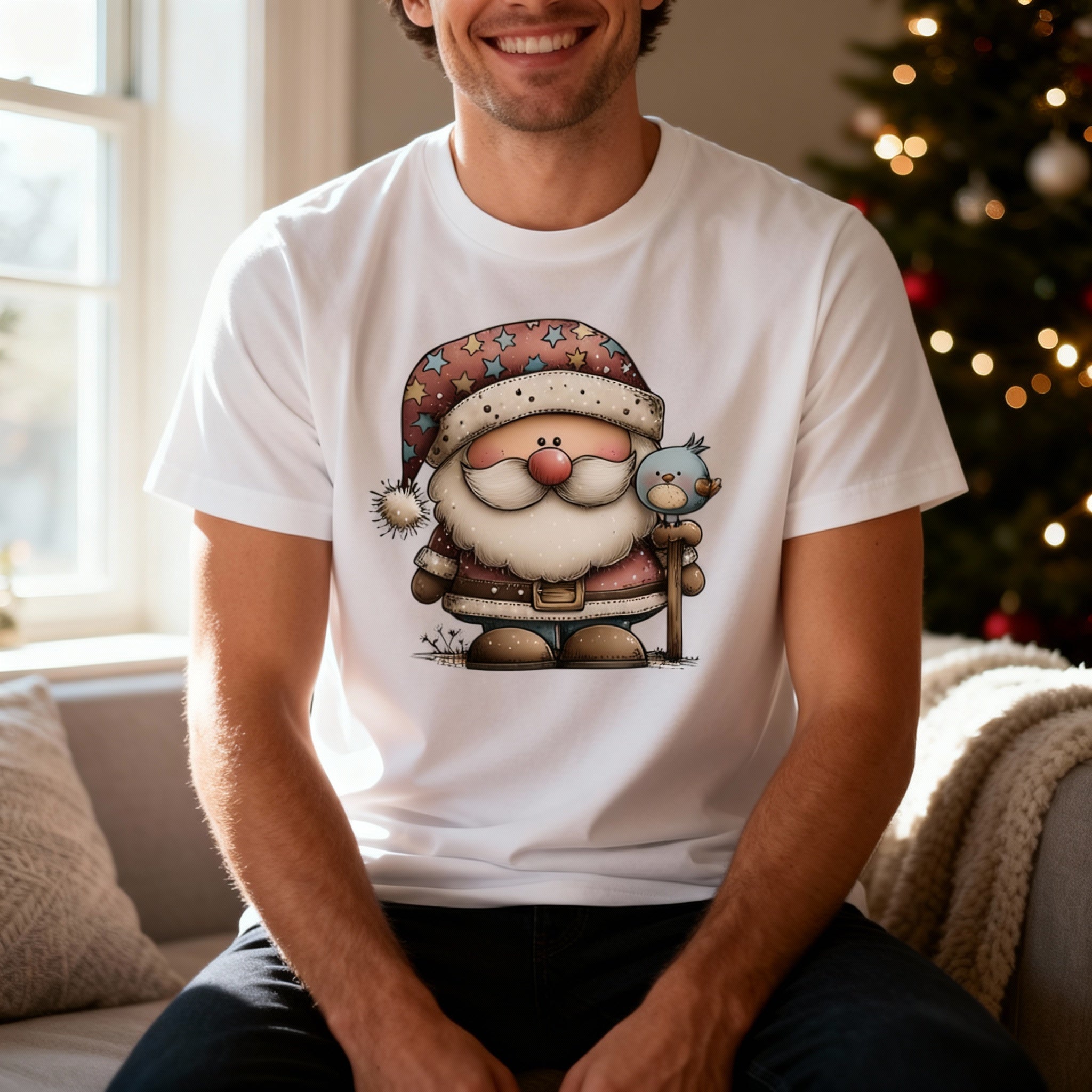 Santa Claus Cartoon Graphic T Shirt With Bird Companion And Starry Hat Design Artwork