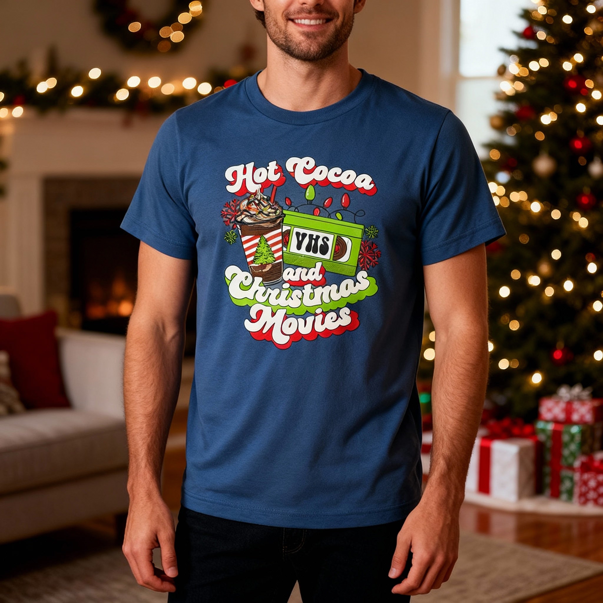 Unisex Christmas T Shirt Featuring Hot Cocoa And Christmas Movies VHS Design Graphic