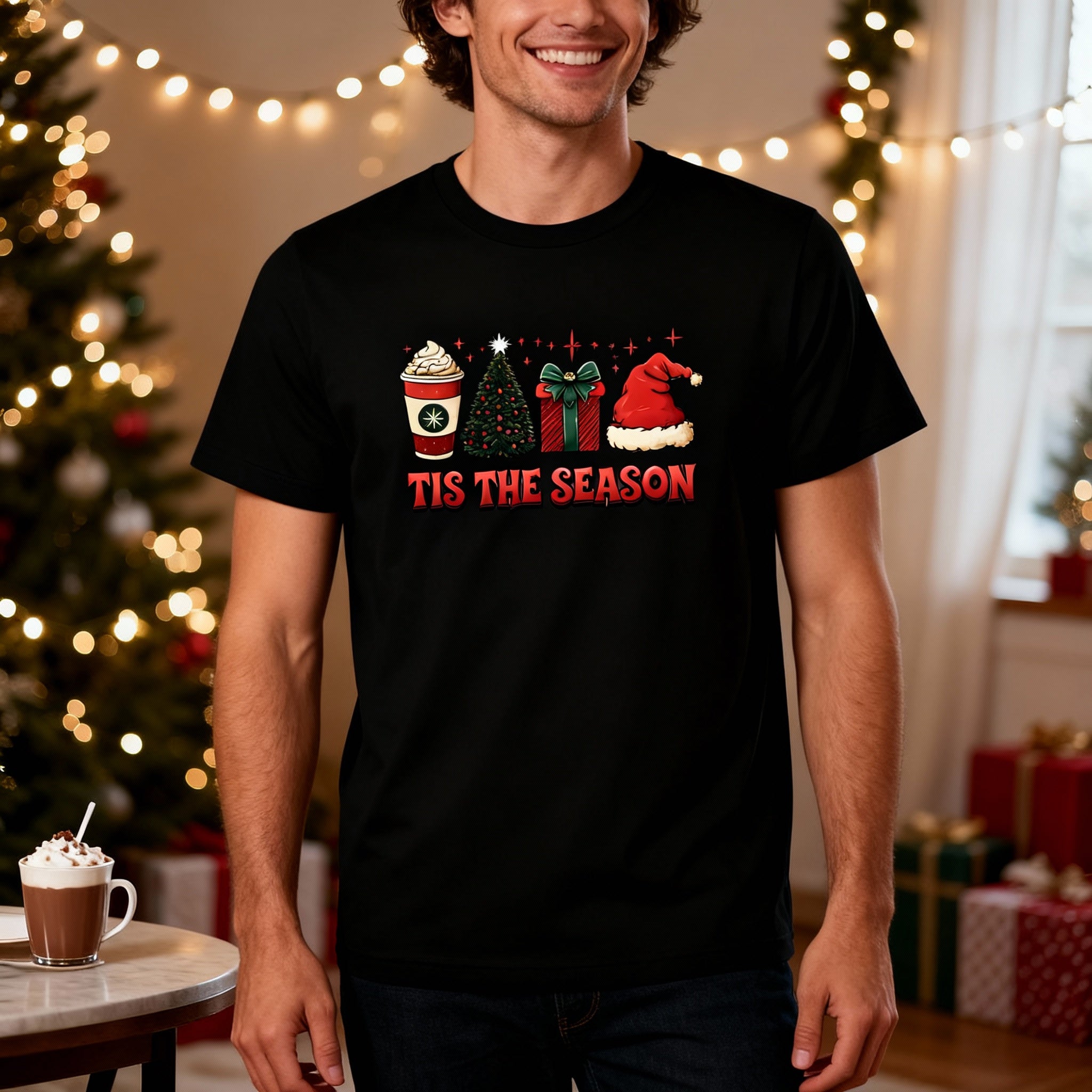 Unisex Christmas T Shirt With Festive Graphics Tis The Season Santa Hat Gift Box Coffee Cup Christmas Tree