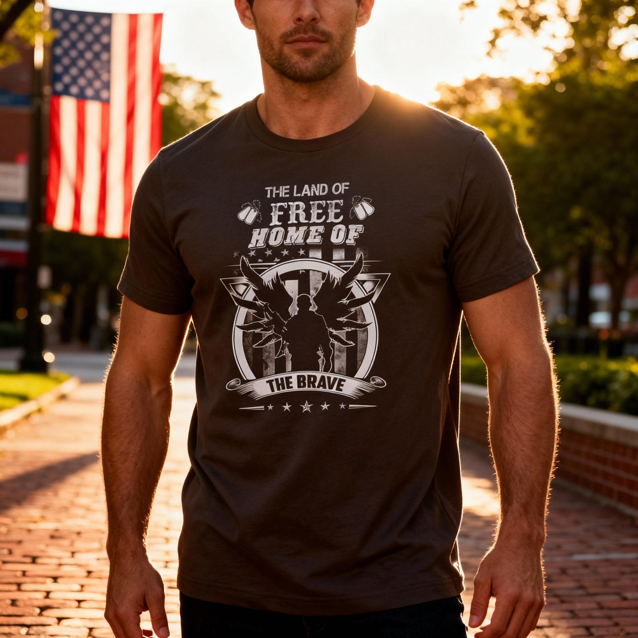 Black Unisex T Shirt With The Land Of Free Home Of The Brave Graphic Eagle Design