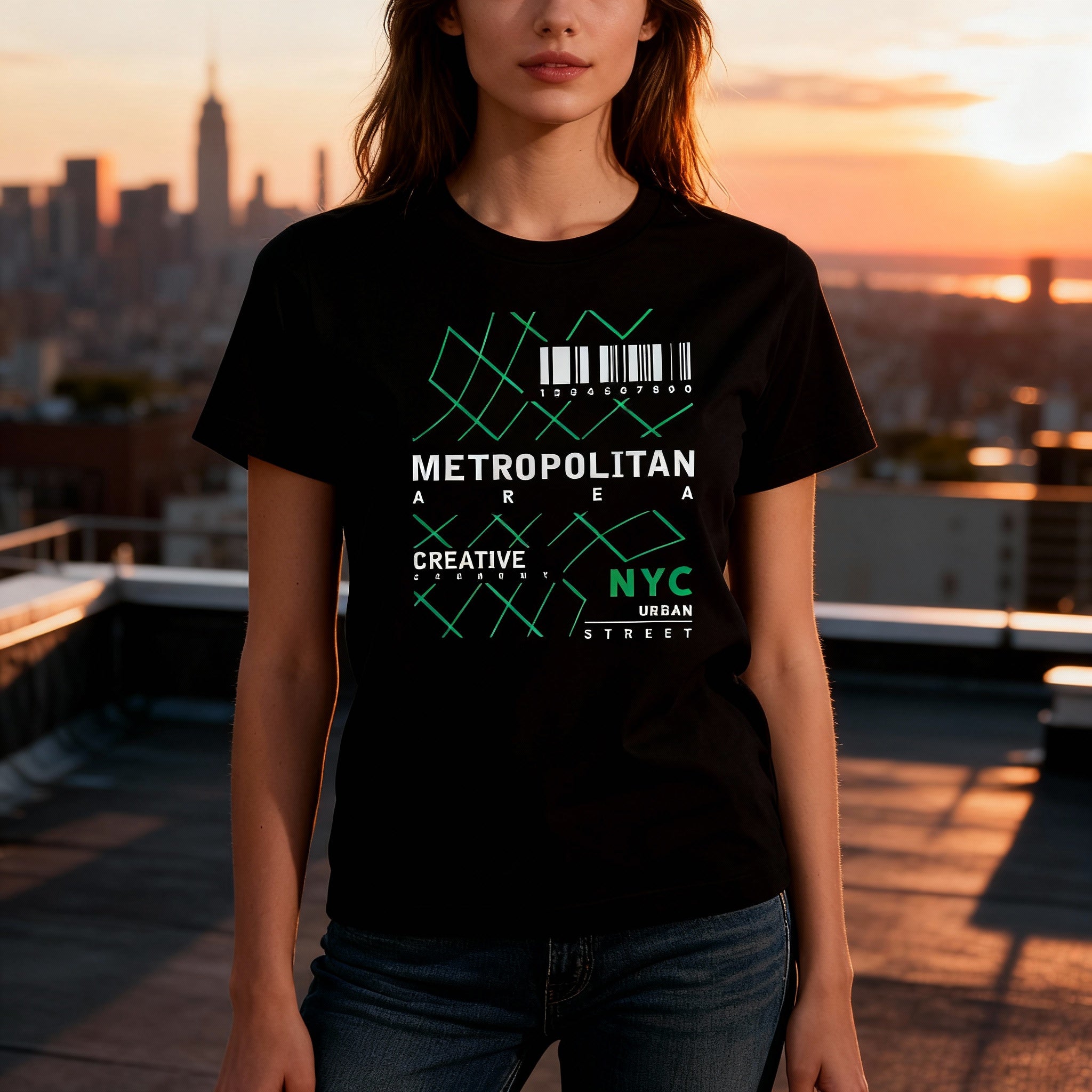 Urban Unisex T Shirt Featuring Geometric Green Barcode Pattern And NYC Street Graphic