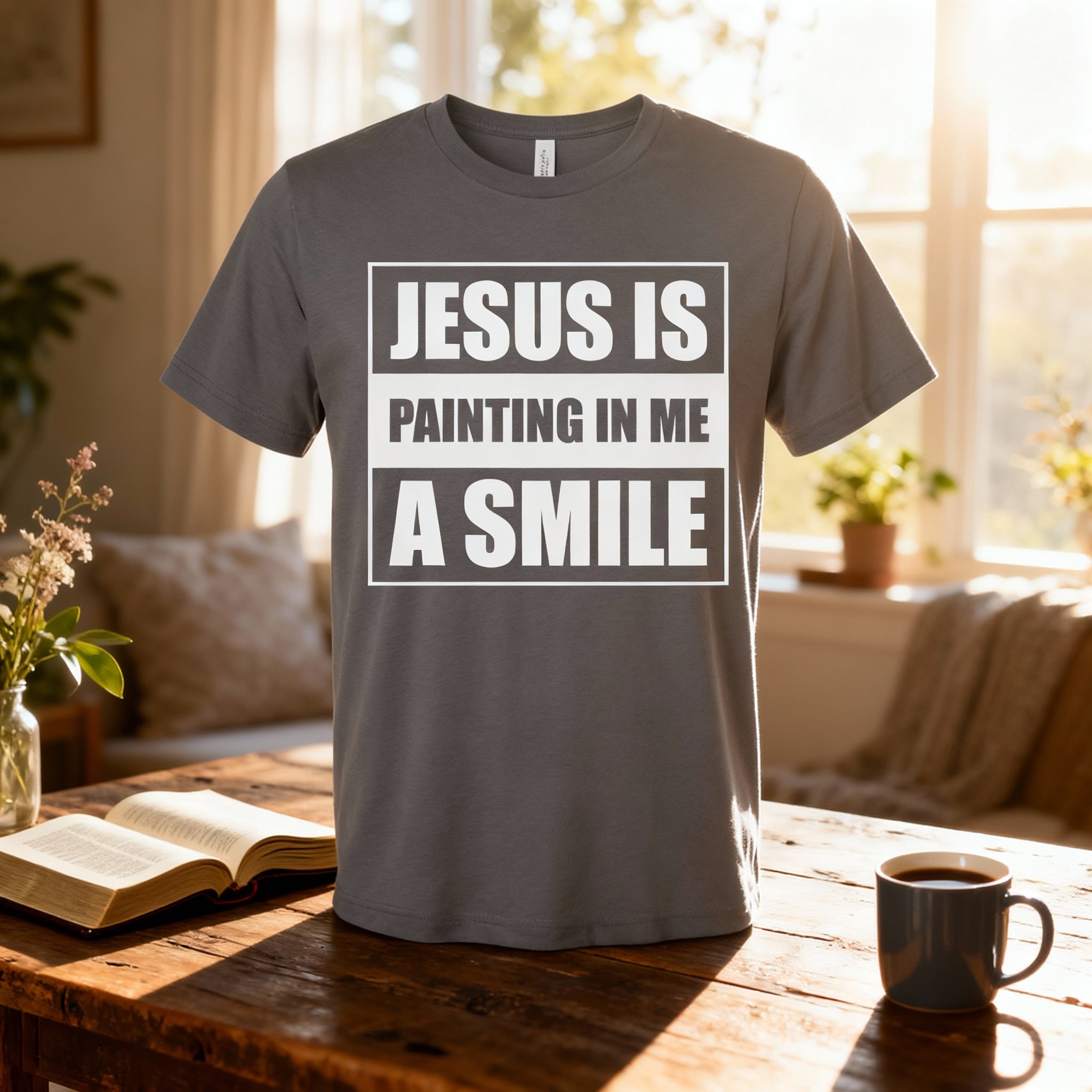 Unisex Christian Graphic Tee With Jesus Is Painting In Me A Smile Inspirational Quote Design