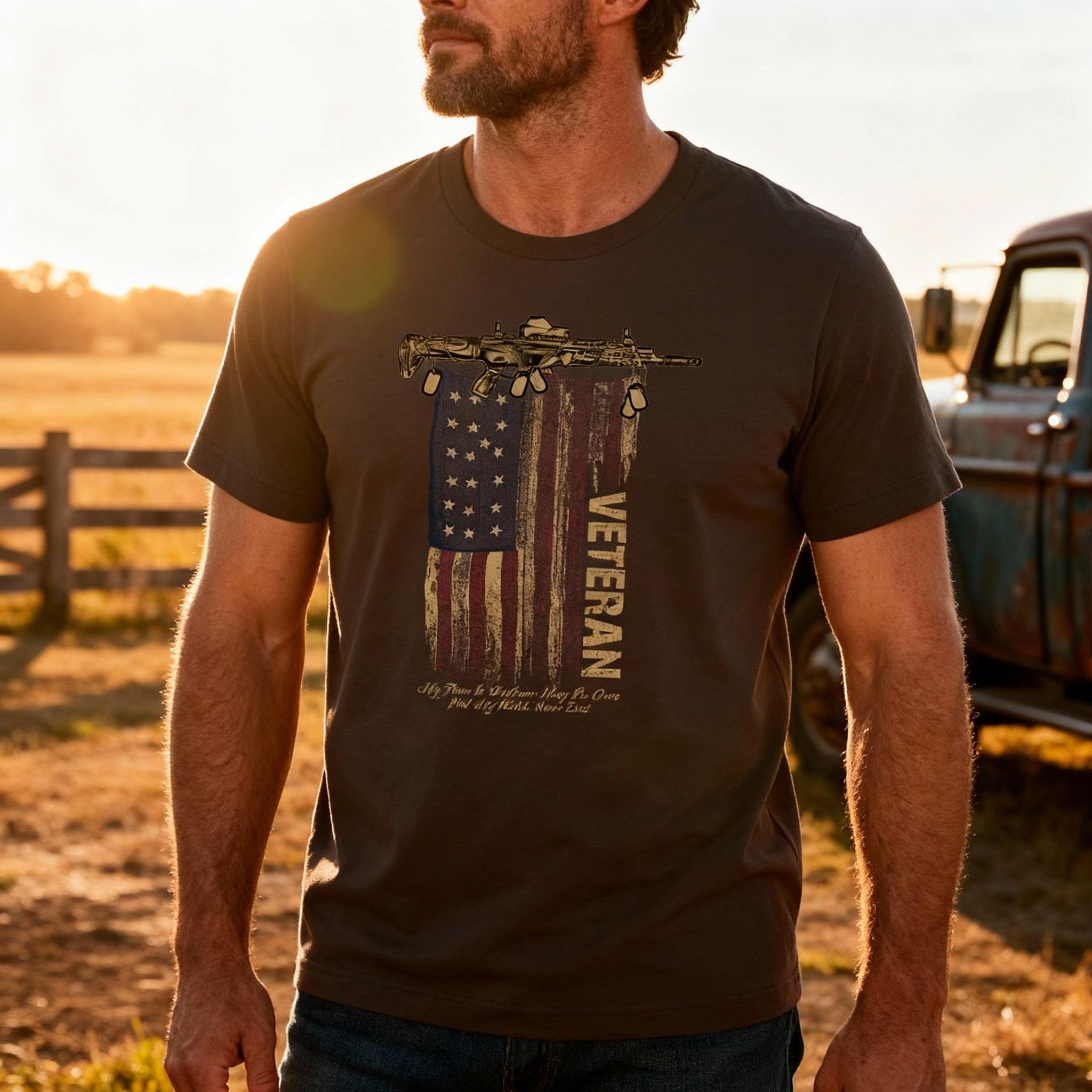 Veteran Graphic Tee Featuring Rifle Above a Distressed American Flag and Bold Slogan