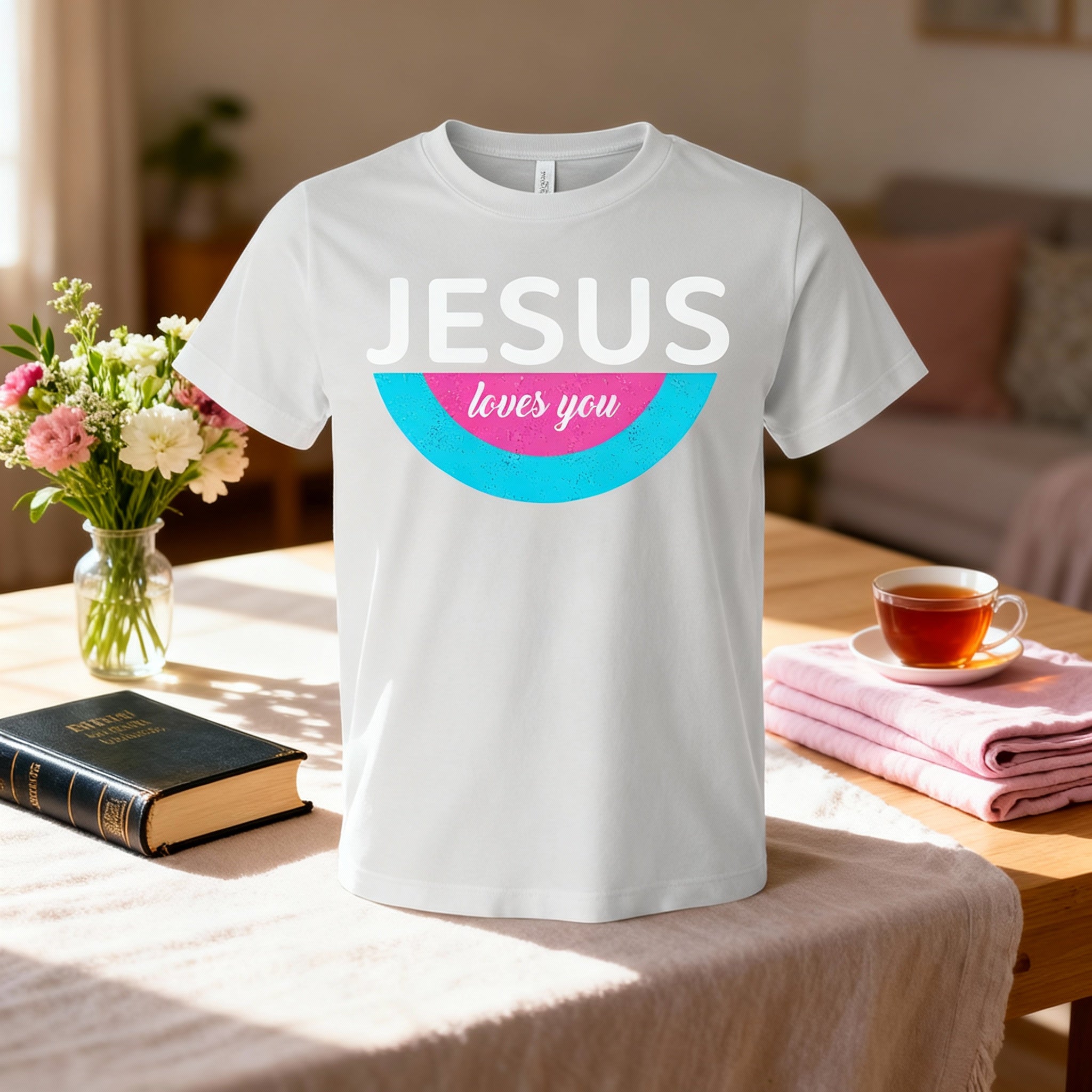Jesus Loves You Unisex Christian Graphic Tee With Pastel Semicircle Design And Comfortable Fit