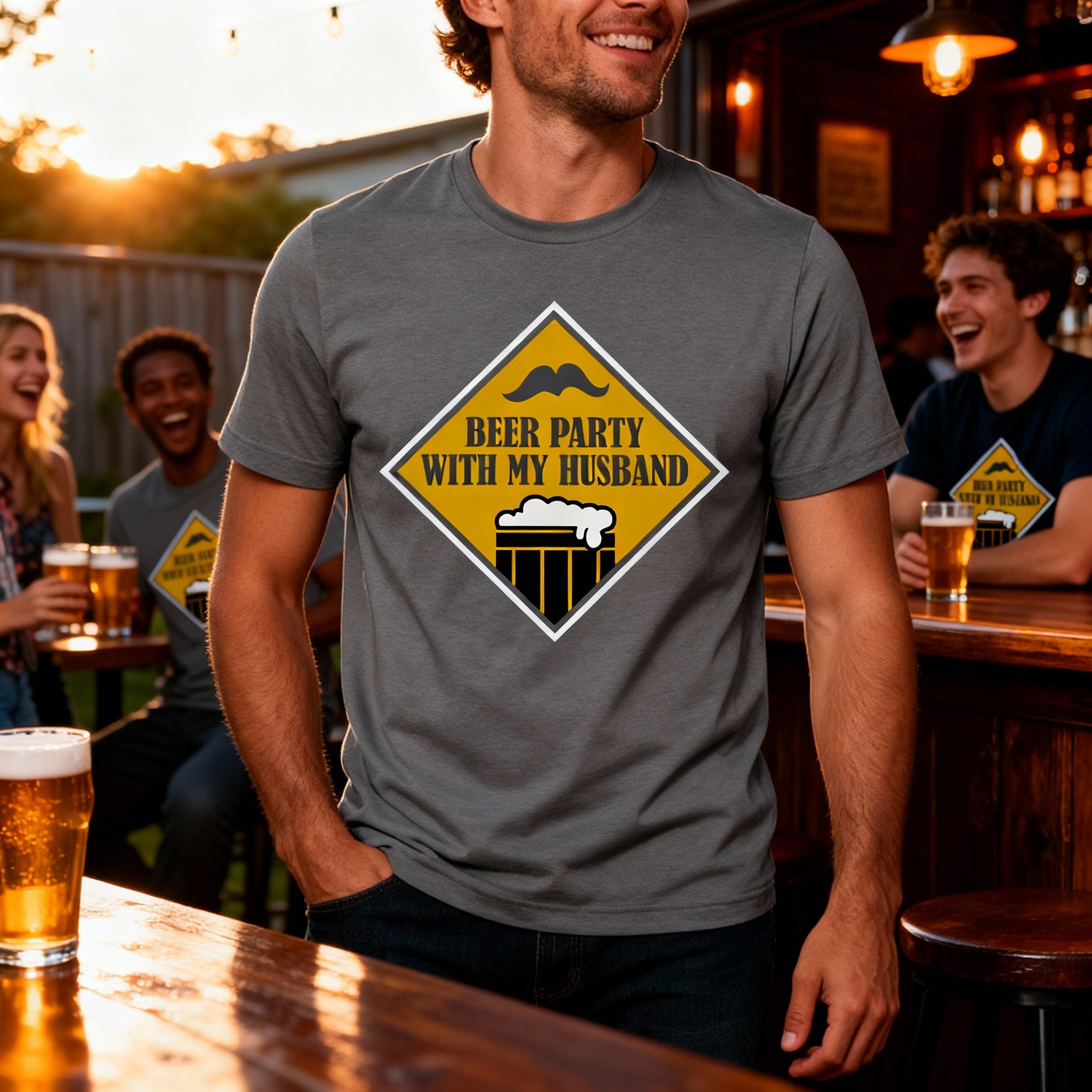 Beer Party With My Husband Graphic Tee For Couples Unisex Short Sleeve Shirt Casual Wear