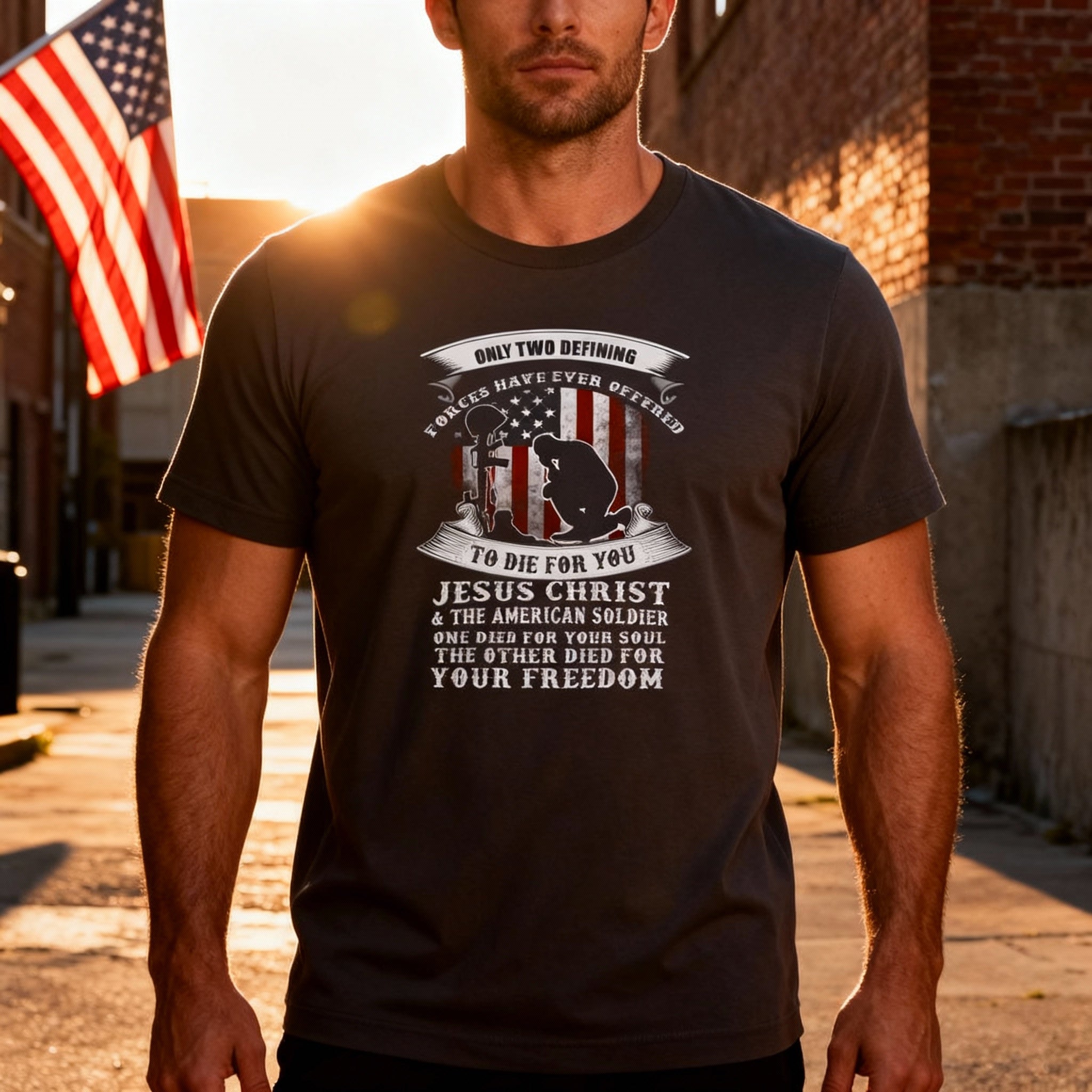 Veteran Tribute Graphic Tee With Soldier Silhouette And Patriot Flag And Religious Message