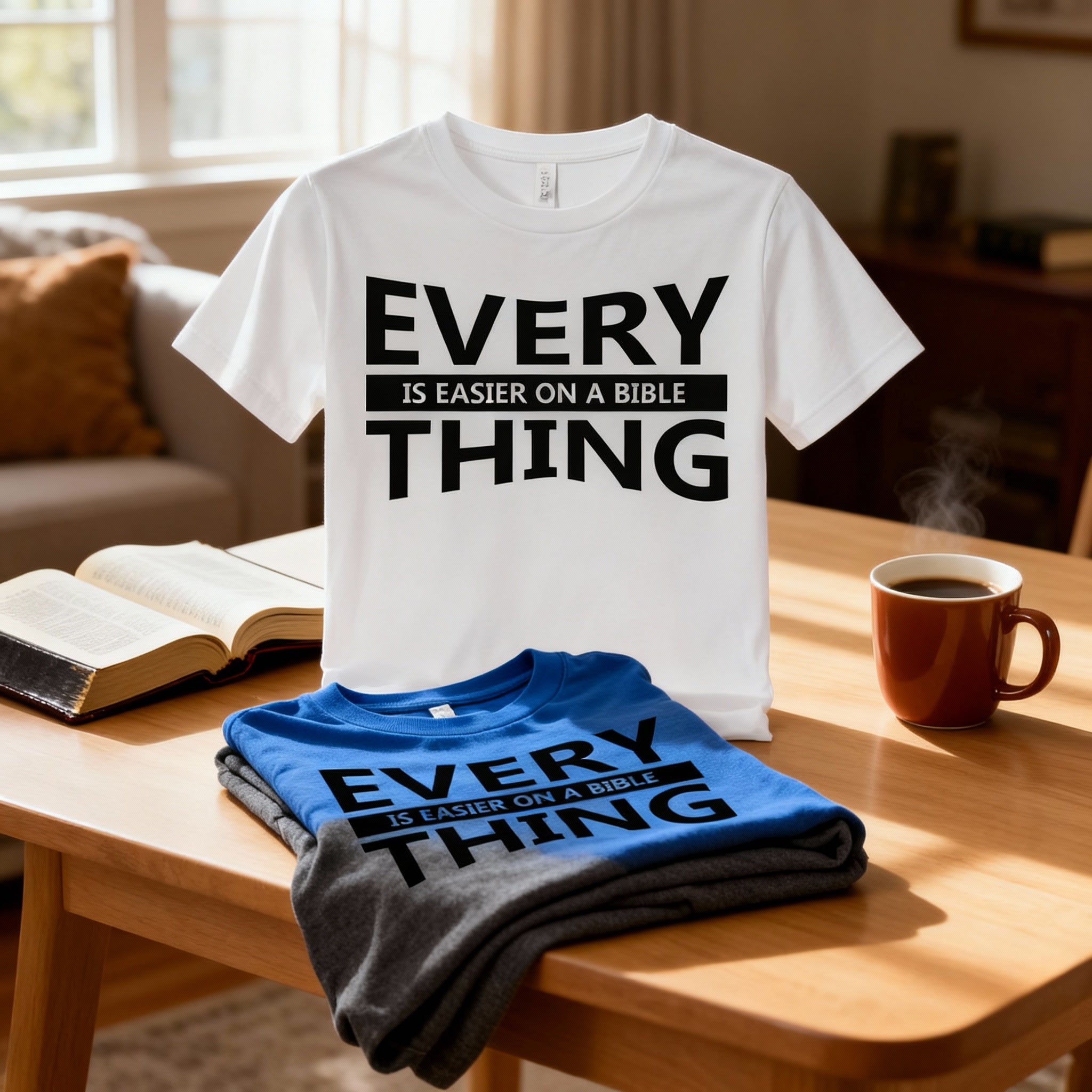 Unisex Christian T Shirt With Everything Is Easier On A Bible Quote Print Graphic