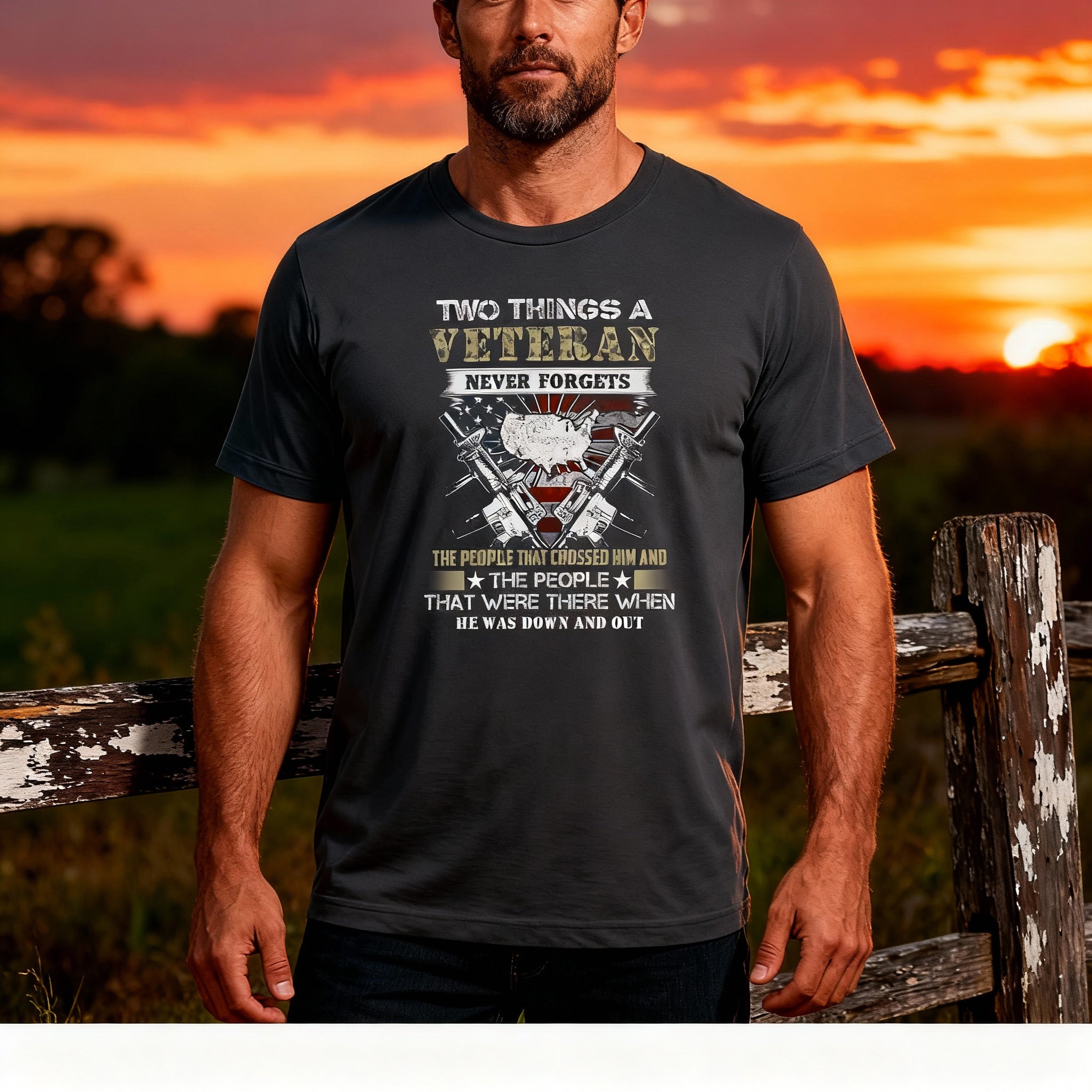 Two Things a Veteran Never Forgets Unisex Graphic Tee With American Flag and Crossed Rifles Motif