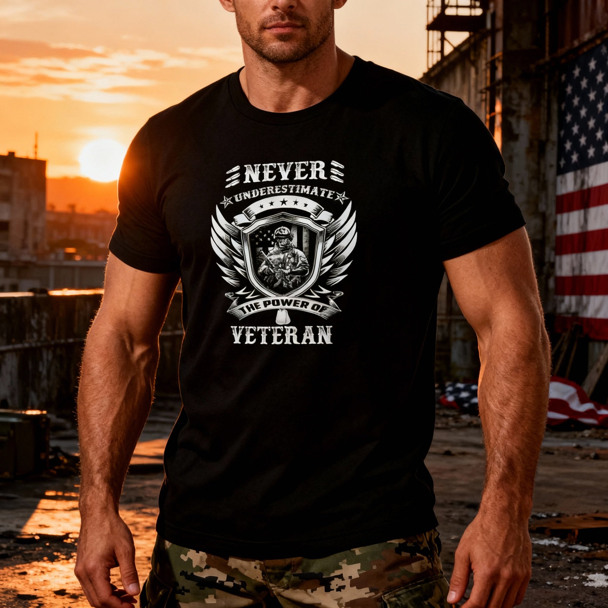 Never Underestimate The Power Of Veteran Graphic Tee With Shield And Wings Design For Unisex Wear