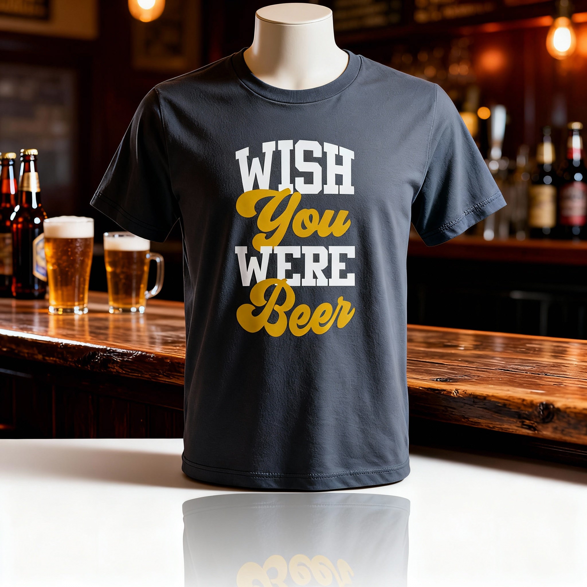 Wish You Were Beer Unisex Graphic Tee With Bold Yellow Script Typography For Casual Wear