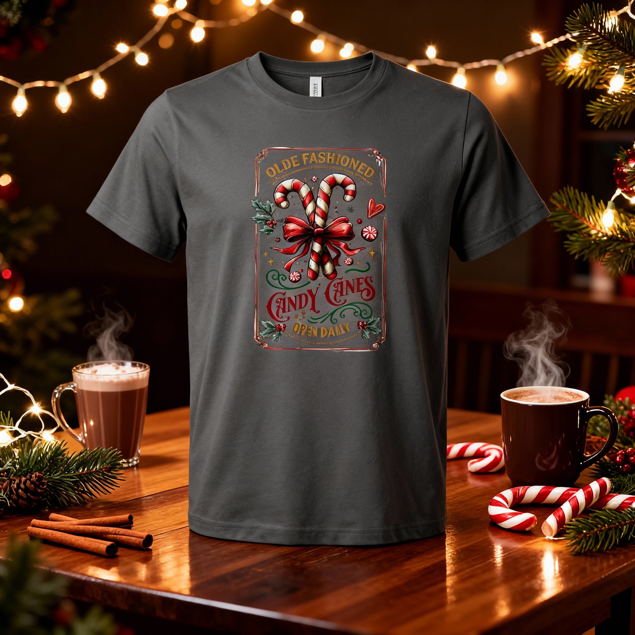 Unisex Christmas T Shirt With Olde Fashioned Candy Canes And Holiday Bow Design Graphic