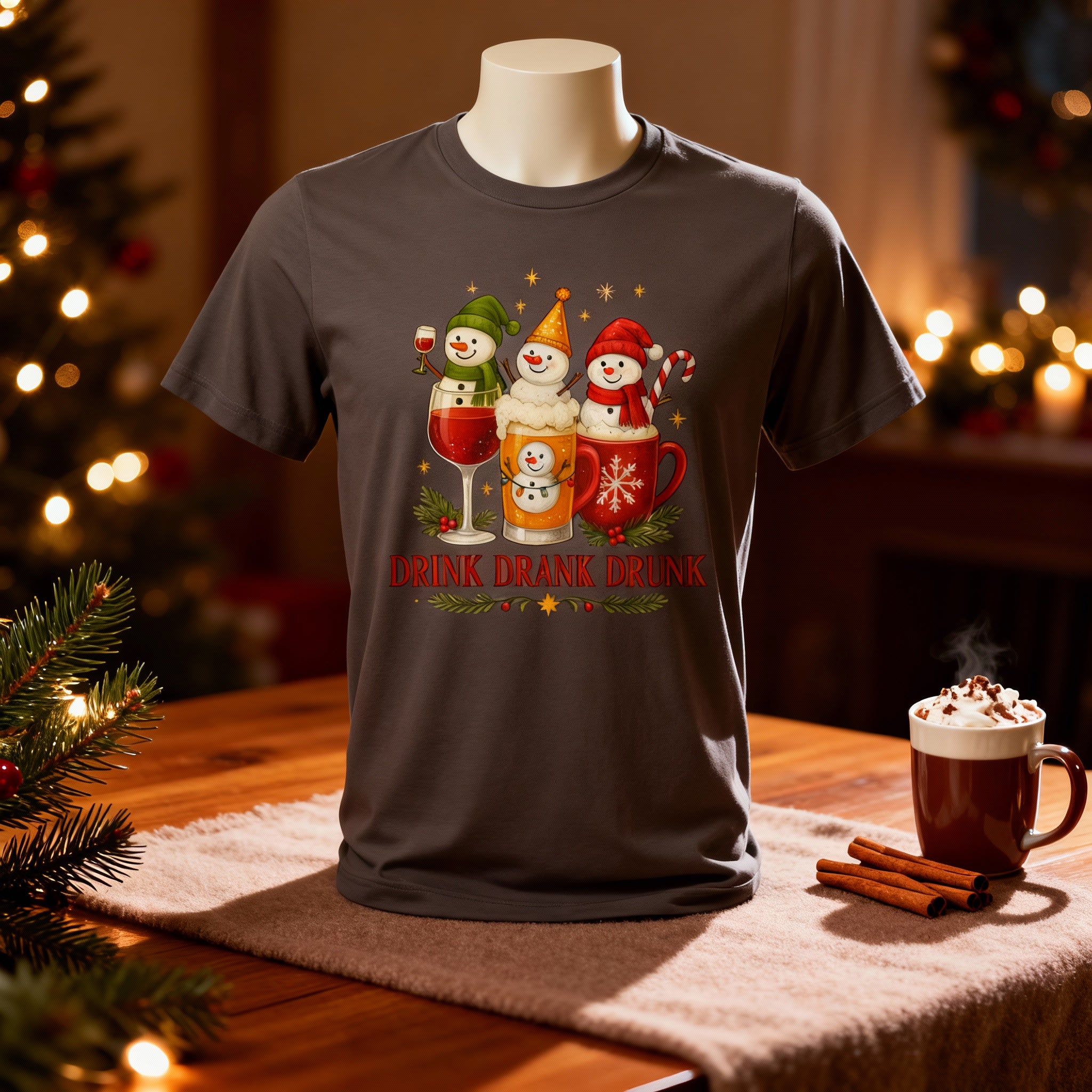 Unisex Christmas T Shirt With Snowmen In Drinks Candy Cane Mug Graphic And The Phrase Drink Drank Drunk