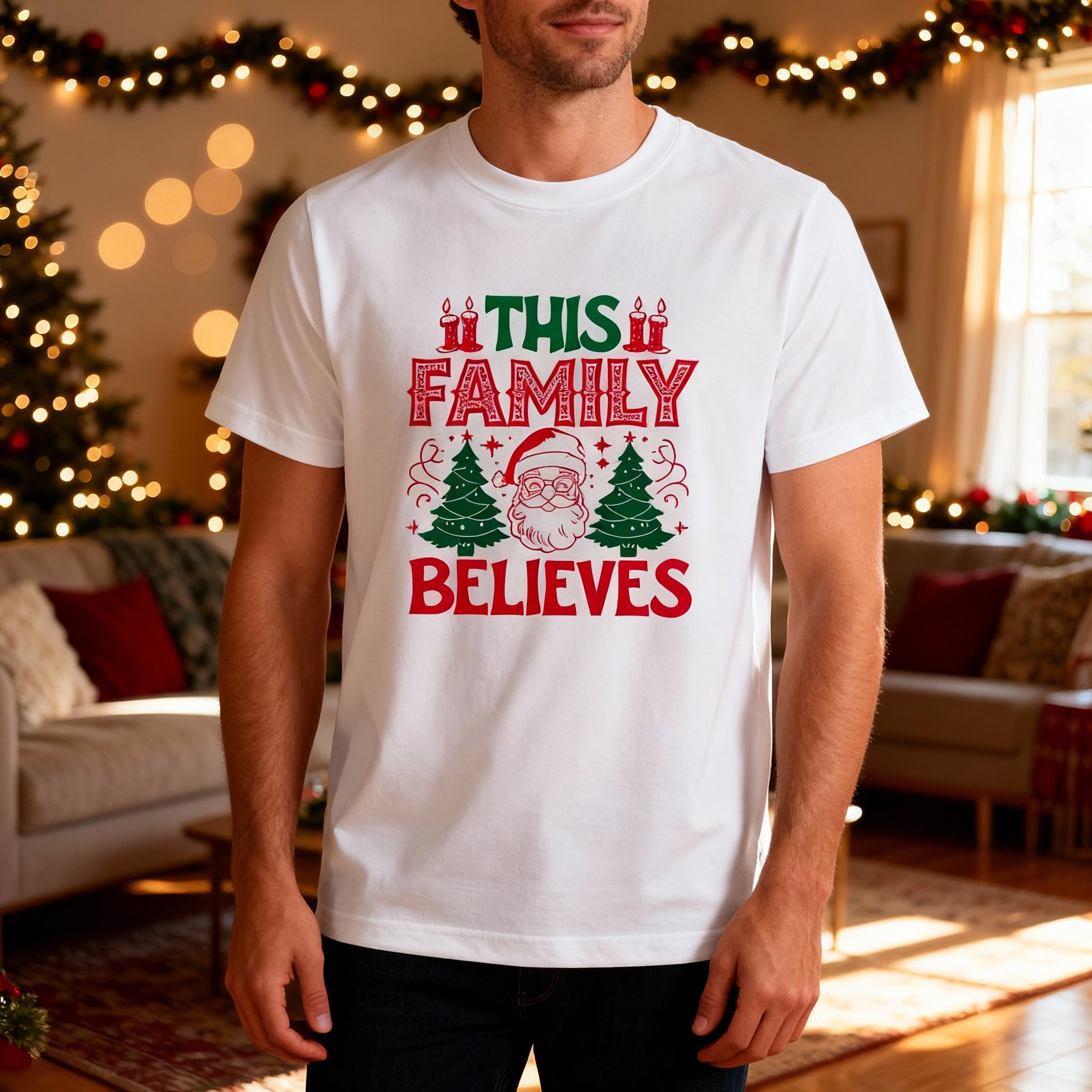 This Family Believes Christmas Unisex T Shirt Featuring Santa Claus And Green Christmas Trees