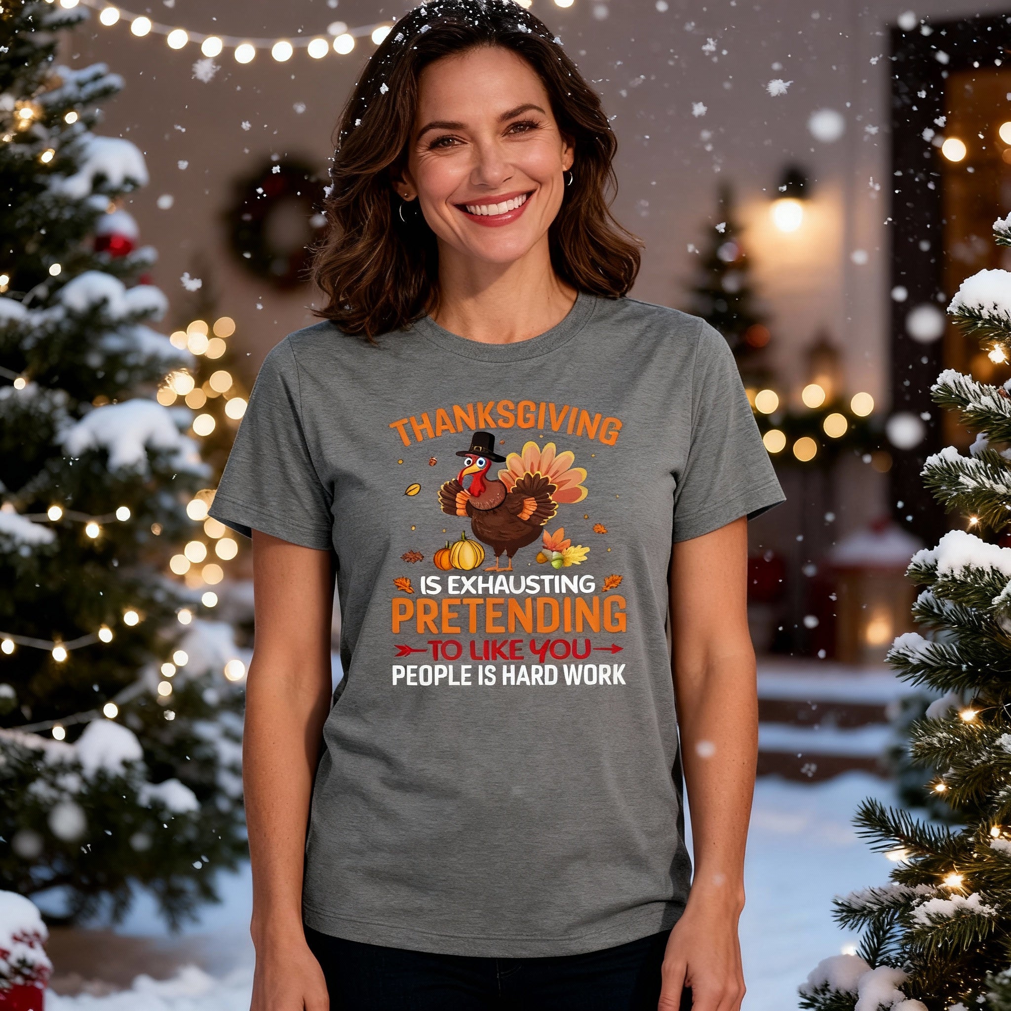 Thanksgiving Unisex T Shirt With Funny Turkey Graphic And Exhausting Pretending To Like You Quote