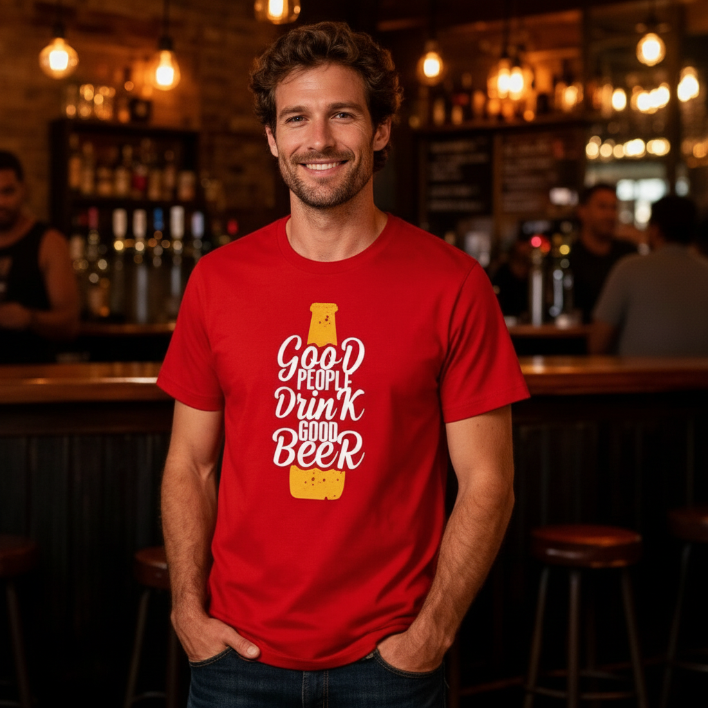 Unisex Beer Bottle Graphic T Shirt With Good People Drink Good Beer Phrase For Casual Wear