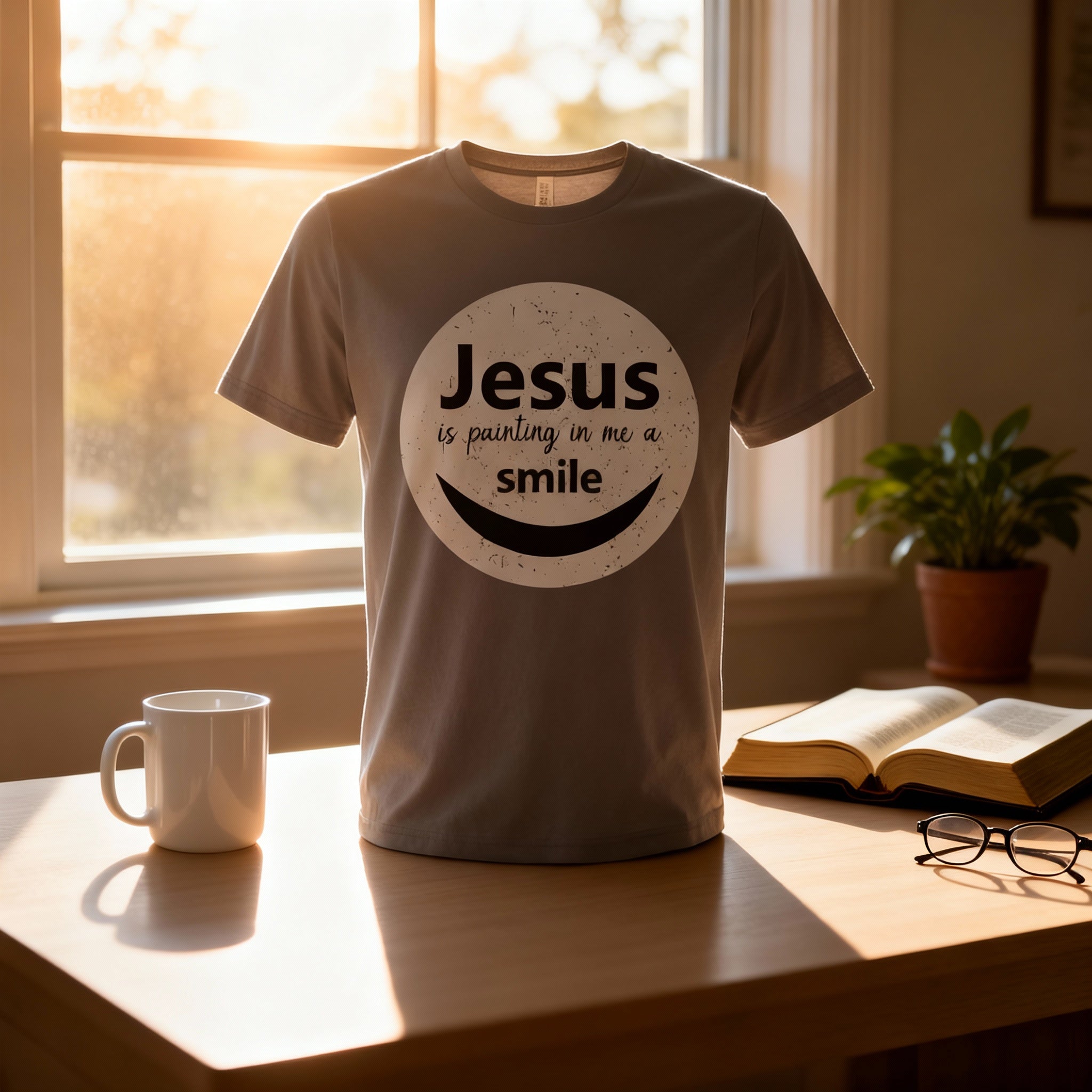 Unisex Christian T Shirt Featuring Jesus Is Painting In Me A Smile Graphic Circle Logo