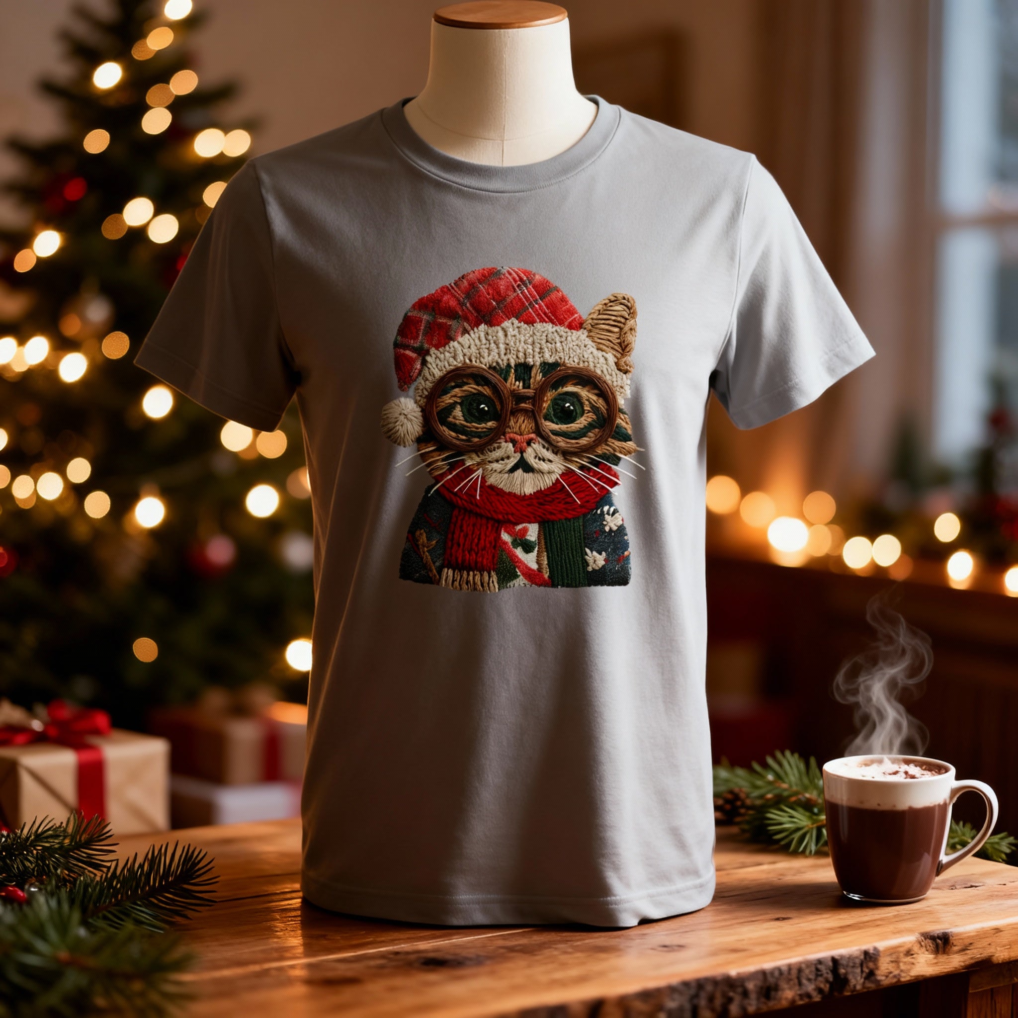 Unisex Christmas Cat Graphic T Shirt With Knitted Look Glasses Santa Hat And Scarf
