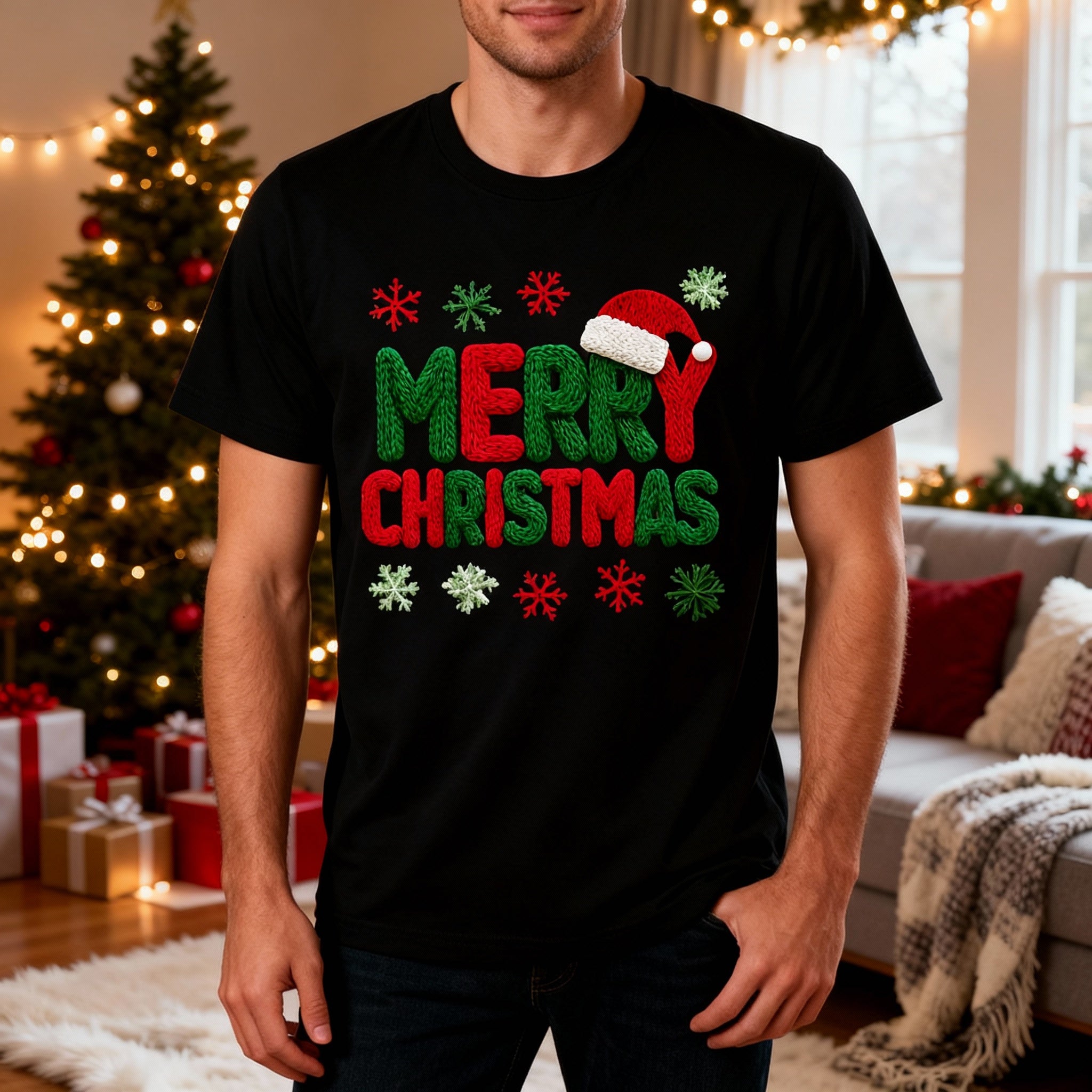 Merry Christmas Knit Style T Shirt With Santa Hat Graphic
