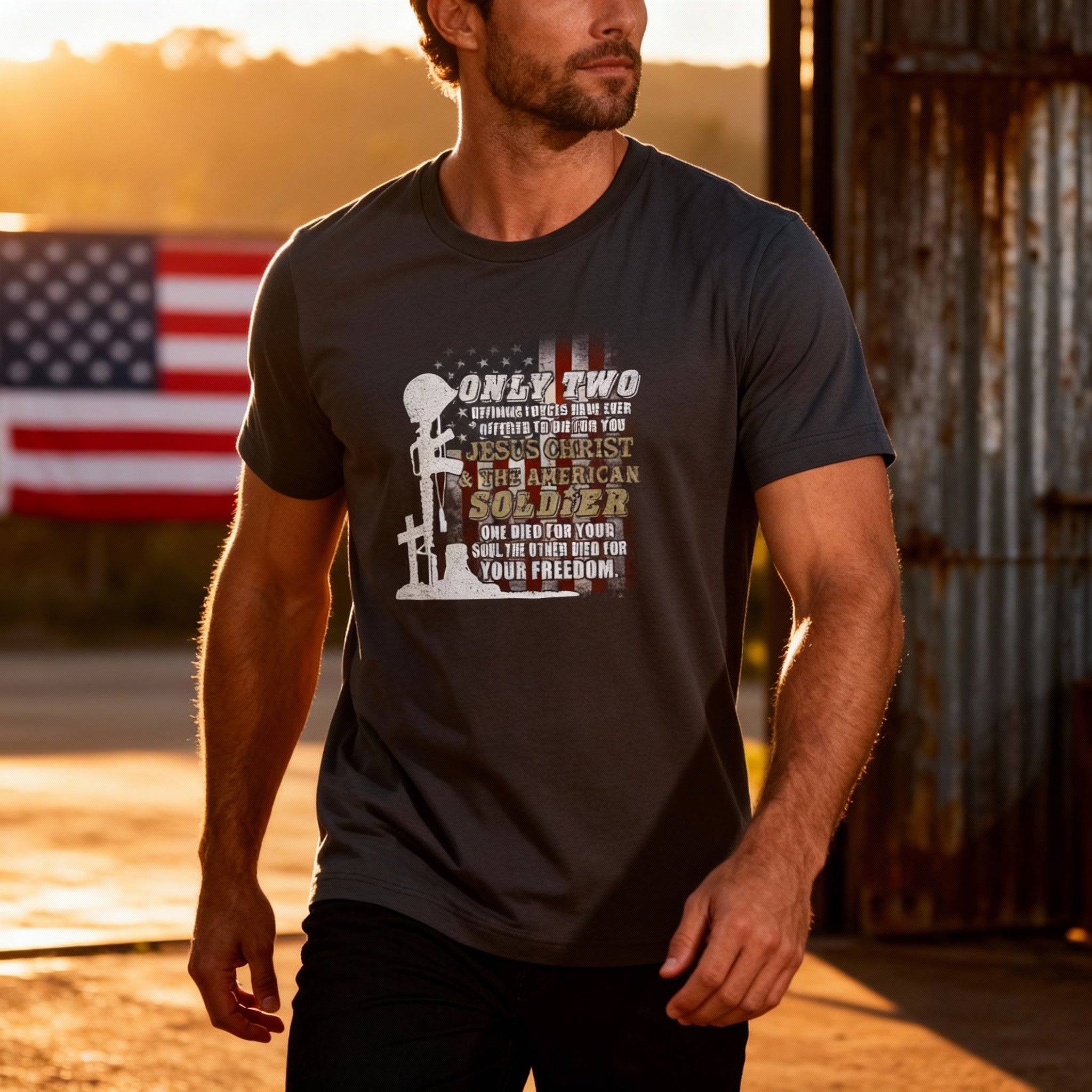 Veteran Graphic Tee Featuring Jesus Christ And The American Soldier Defining Forces