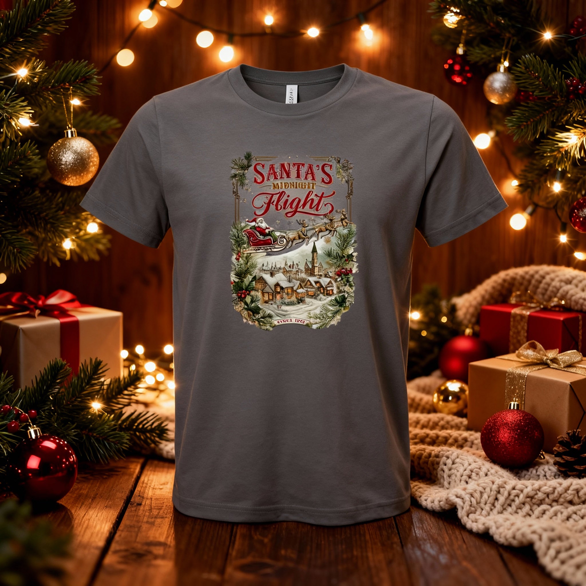 Santa's Midnight Flight Unisex Christmas T Shirt With Vintage Village Scene Festive Design