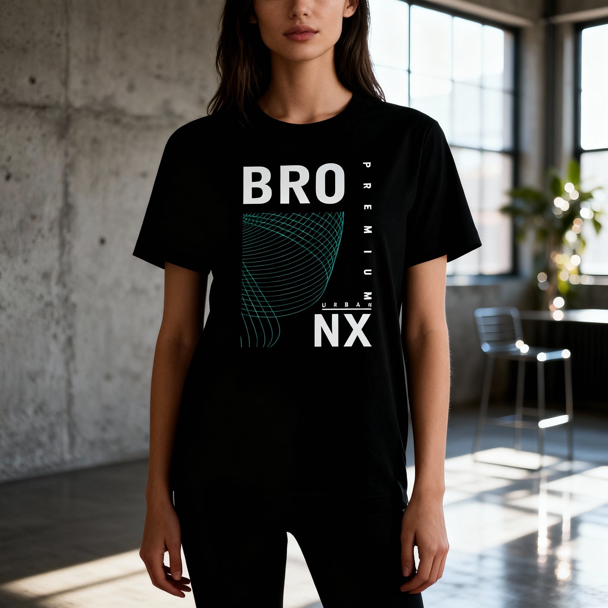 Urban Unisex T Shirt With Cyan Geometric Wave Print And Bold BRO NX Graphic Design Apparel Premium