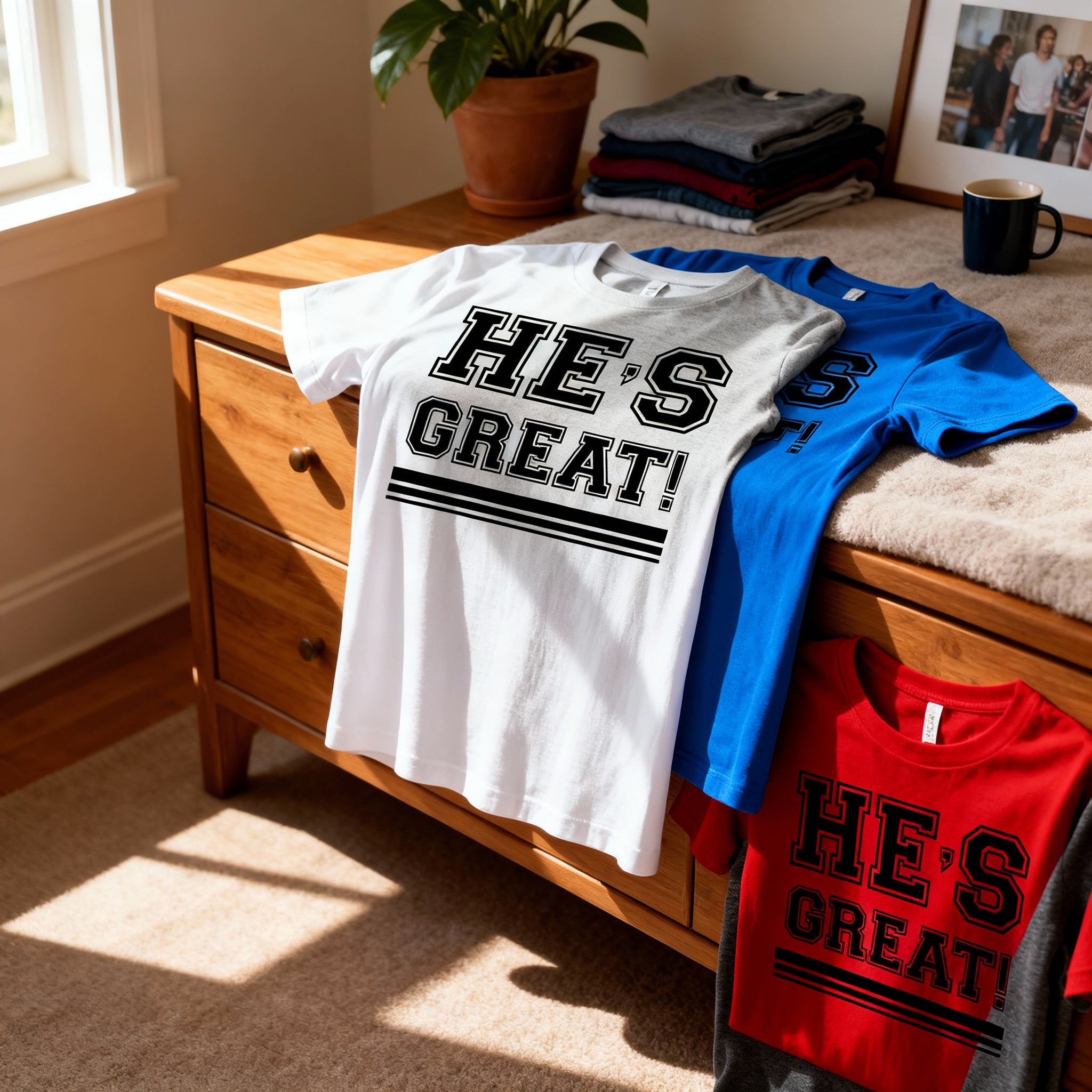 Unisex Christian Graphic T Shirt With Hes Great Exclamation And Bold Stripes Under Design