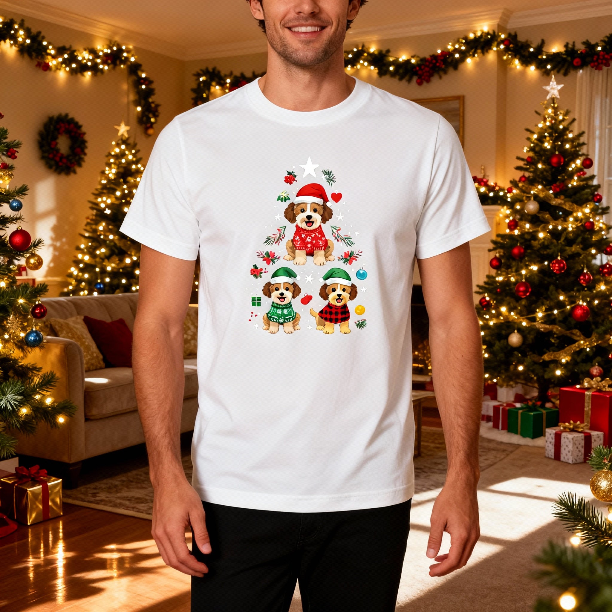 Unisex Christmas T Shirt With Three Cute Dogs In Festive Winter Outfits Surrounded By Holiday Ornaments
