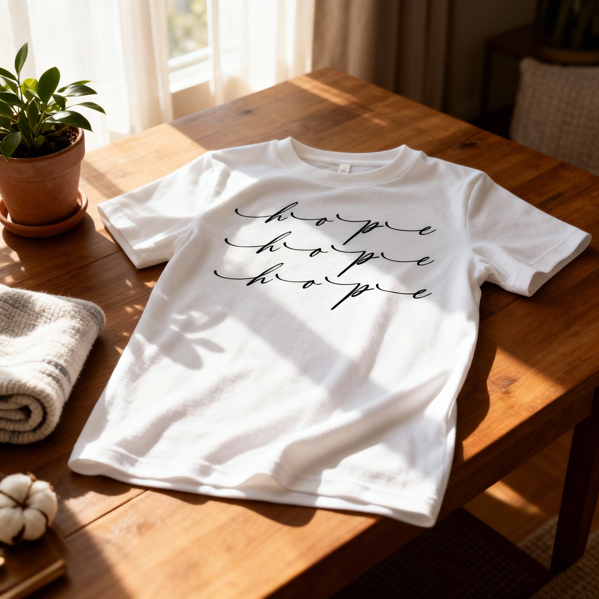 Christian Unisex T Shirt With Repeating Hope Script Typography Across The Chest Design