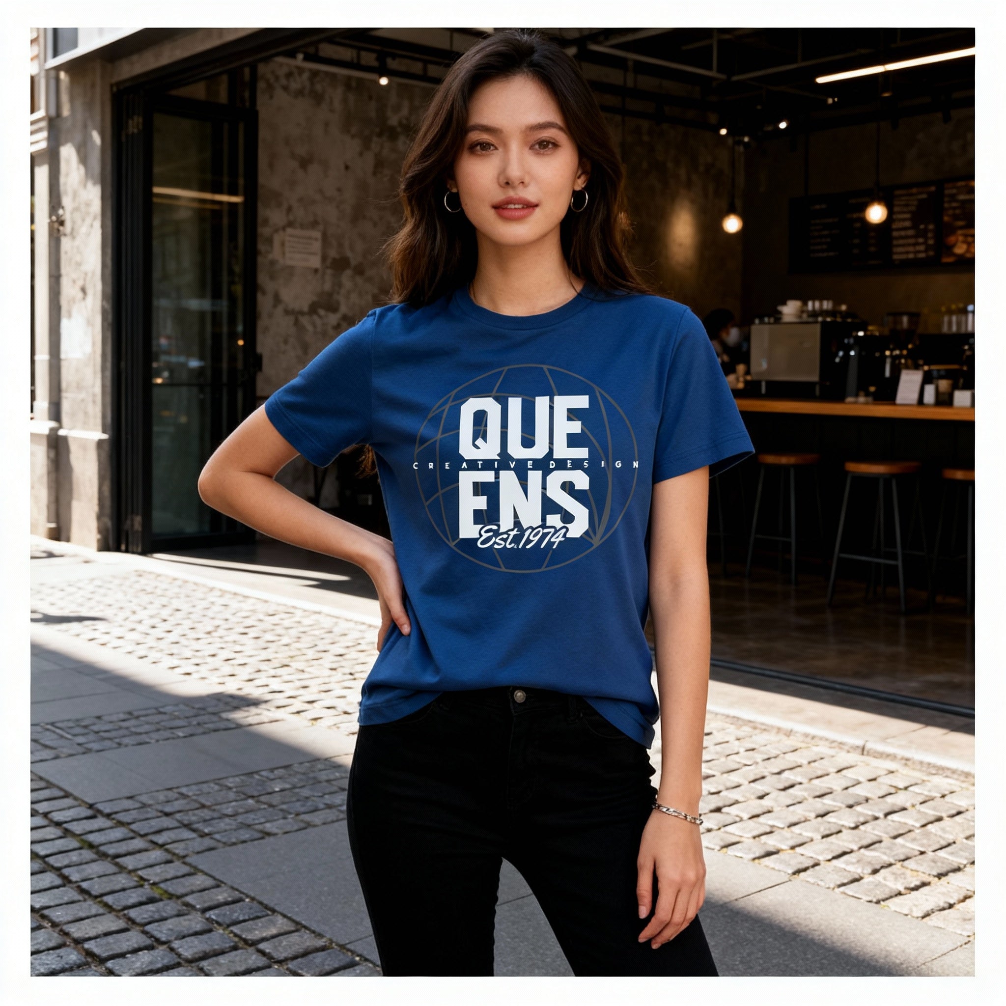 Queens Globe Graphic T Shirt Unisex White Tee Featuring Est 1974 Creative Logo Design