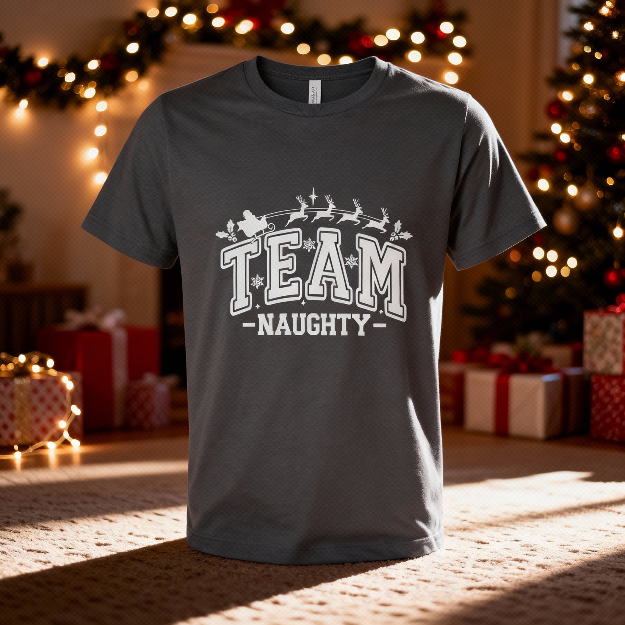 Team Naughty Christmas Graphic T Shirt Unisex Holiday Tee With Santa Sleigh Design