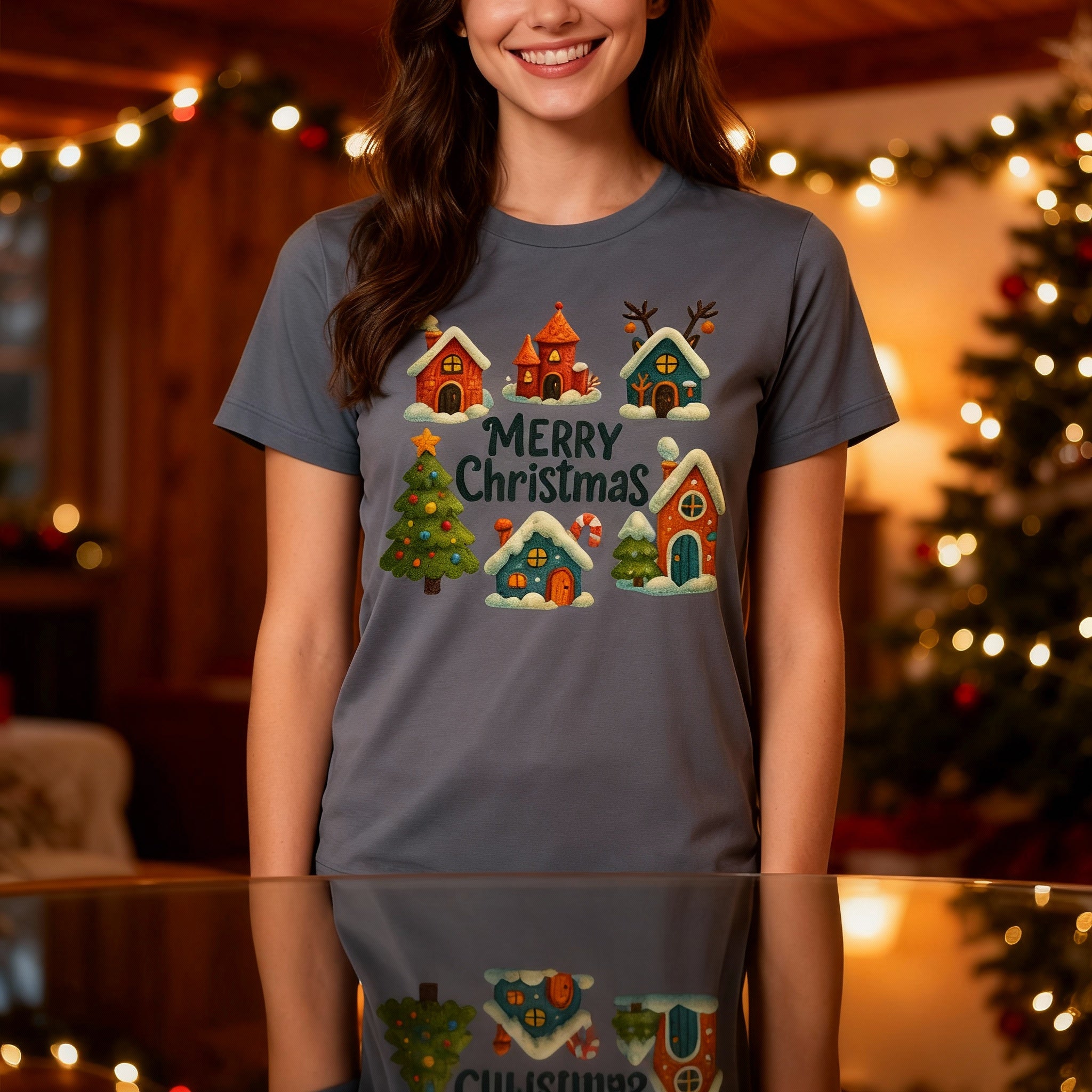 Merry Christmas Unisex T Shirt With Festive Village Illustration On White Featuring Colorful Snowy Houses And Trees