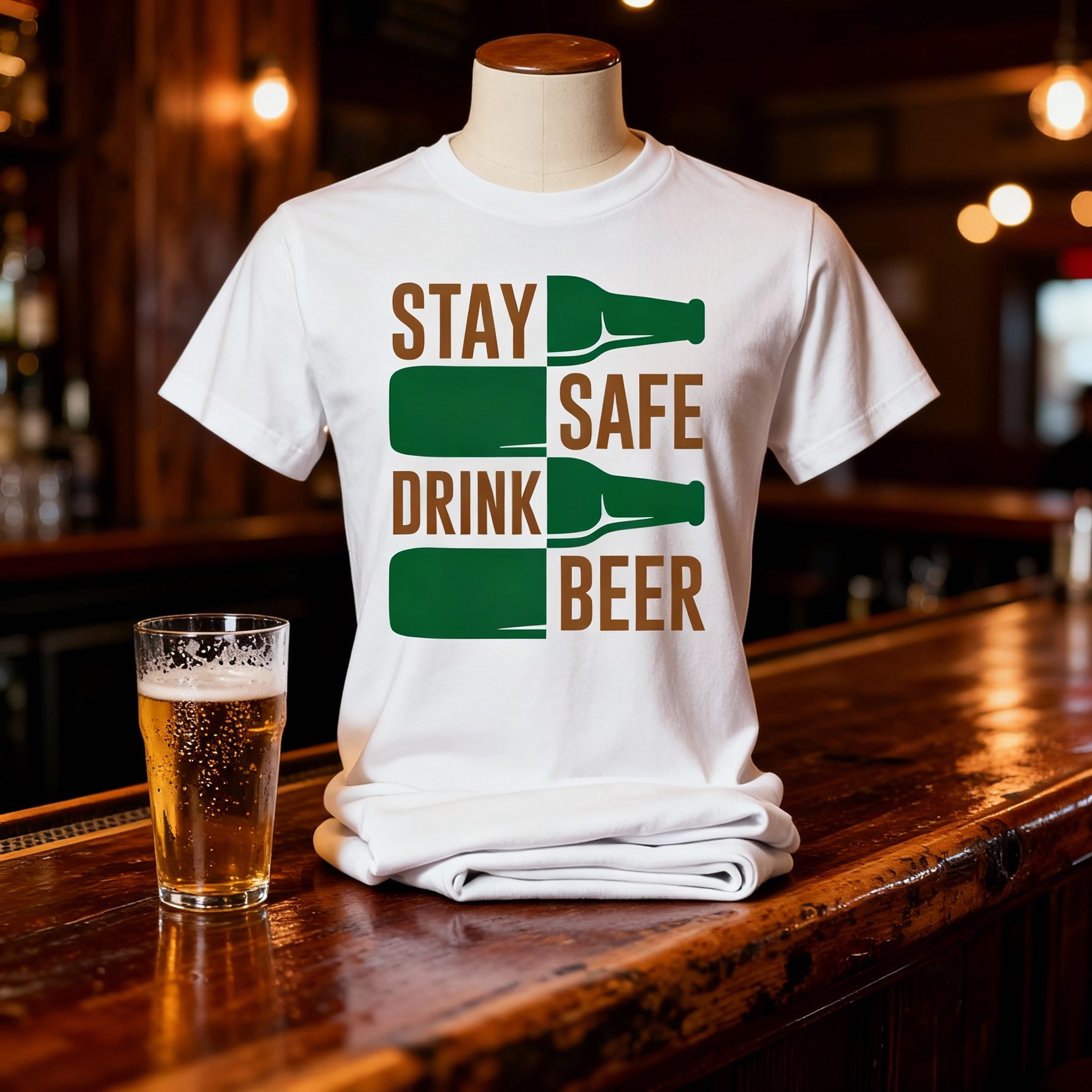 Unisex Graphic T Shirt Featuring Stay Safe Drink Beer Bottle Motif On Front In Bold Colors