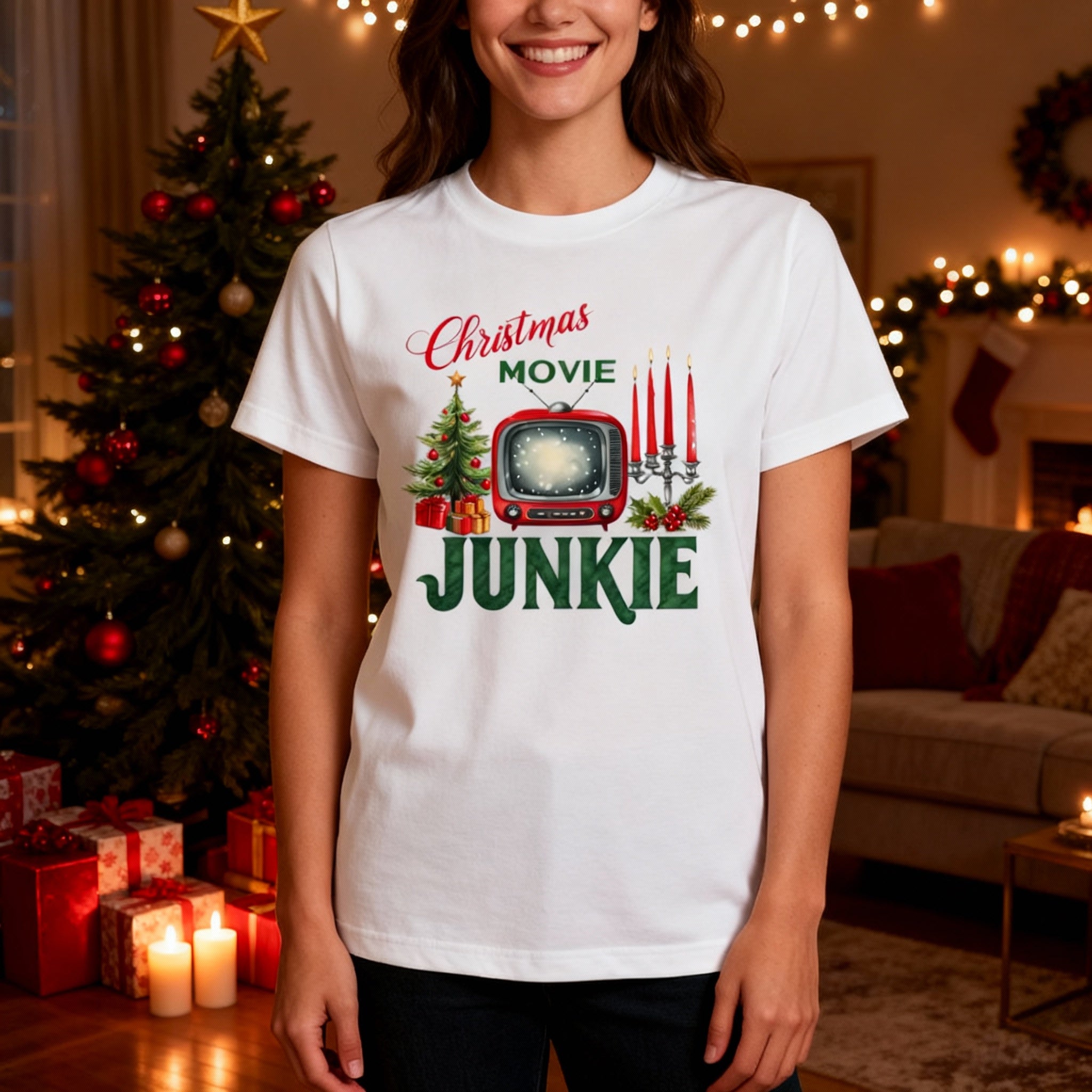 Christmas Movie Junkie Unisex T Shirt With Retro TV Candles And Christmas Tree Print