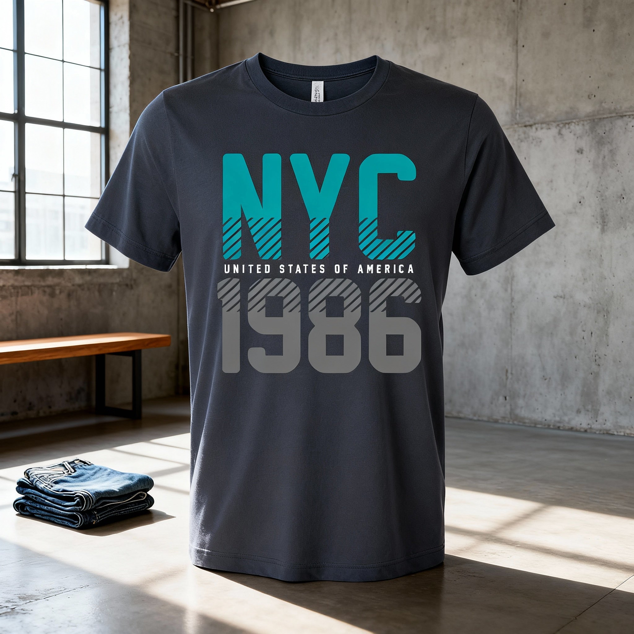Unisex NYC 1986 Graphic T-Shirt With Turquoise Accents And Bold Gray Typography