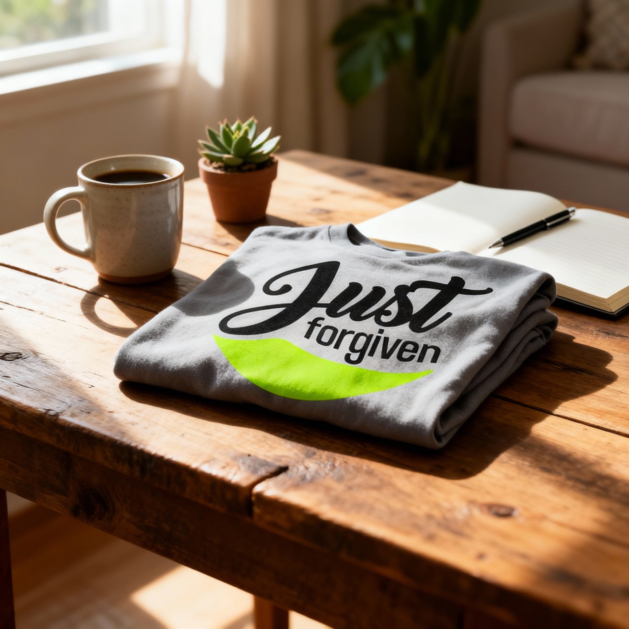 Just Forgiven Unisex Graphic Tee With Neon Smile Arc Design For Christians And Faith