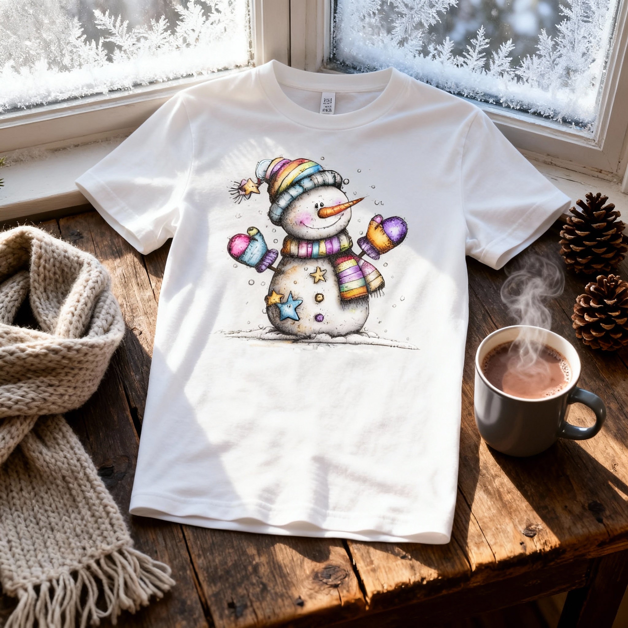 Colorful Snowman T Shirt With Rainbow Scarf And Beanie Christmas Design For Unisex Wear