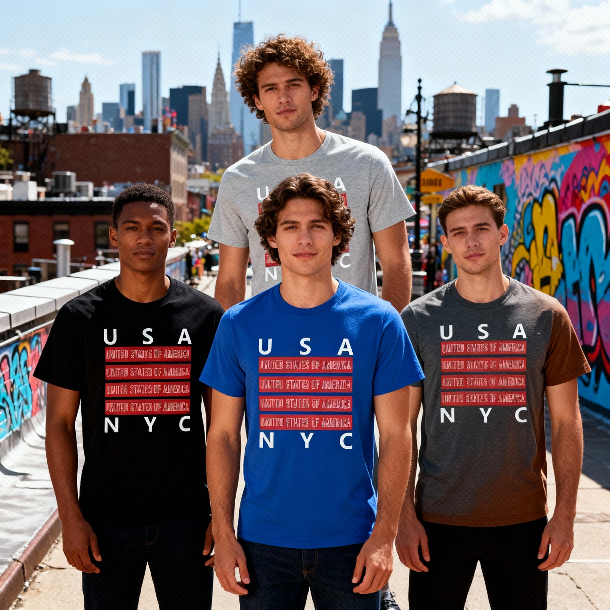 Unisex USA United States of America Graphic T Shirt With Red Repeating Text Bars and NYC Accent