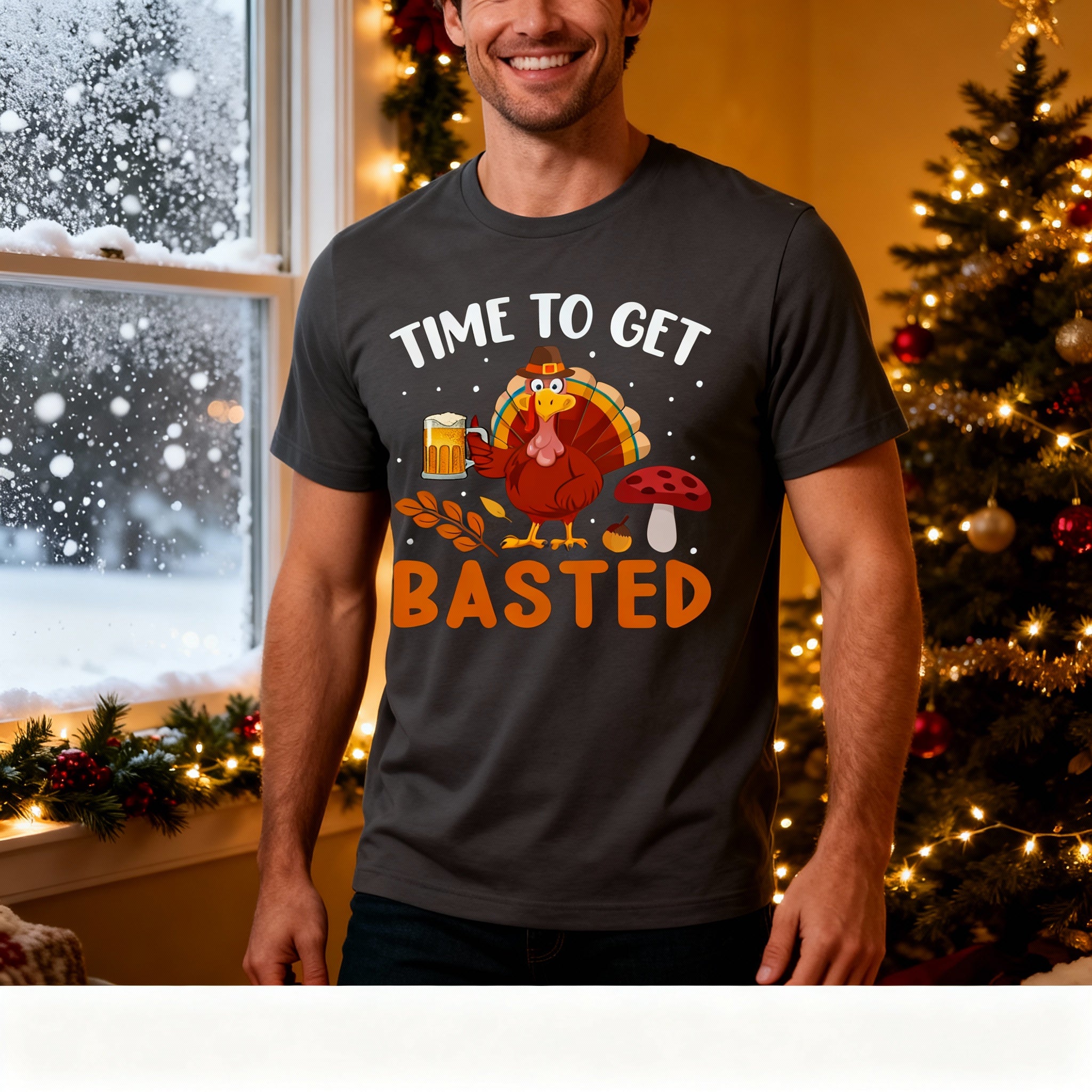 Time To Get Basted Thanksgiving Unisex Graphic T Shirt With Cartoon Turkey And Beer Mug