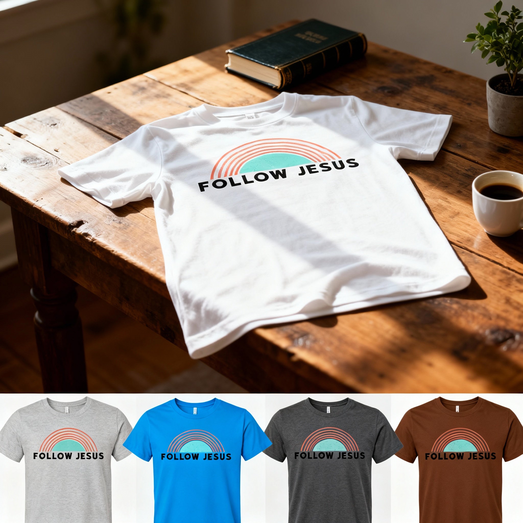 Christian Unisex T Shirt With Follow Jesus Graphic Featuring A Retro Rainbow Arch Design For Everyday Wear
