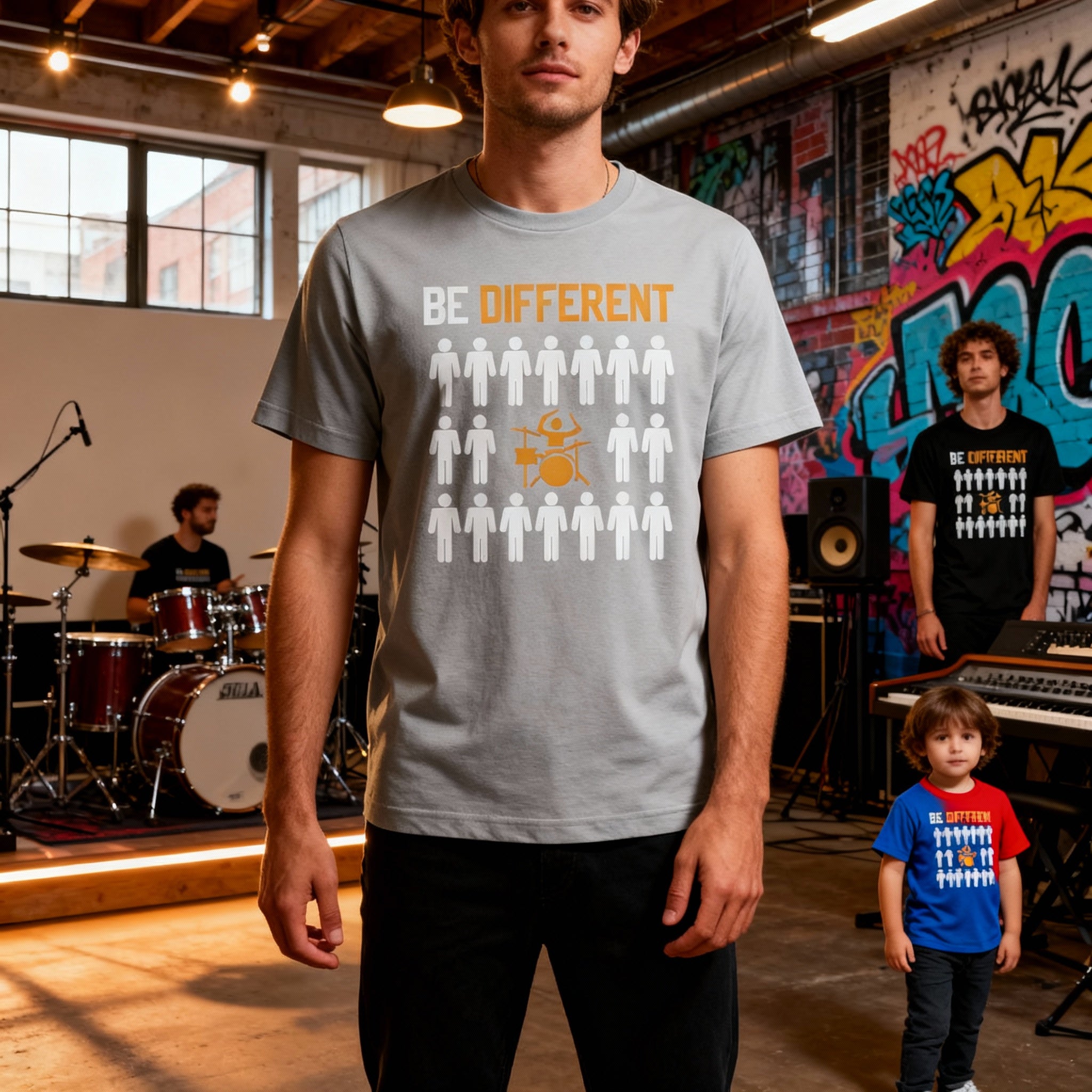 Be Different Unisex Graphic T Shirt With Drum Set Icon Design For Music Lovers Casual Wear