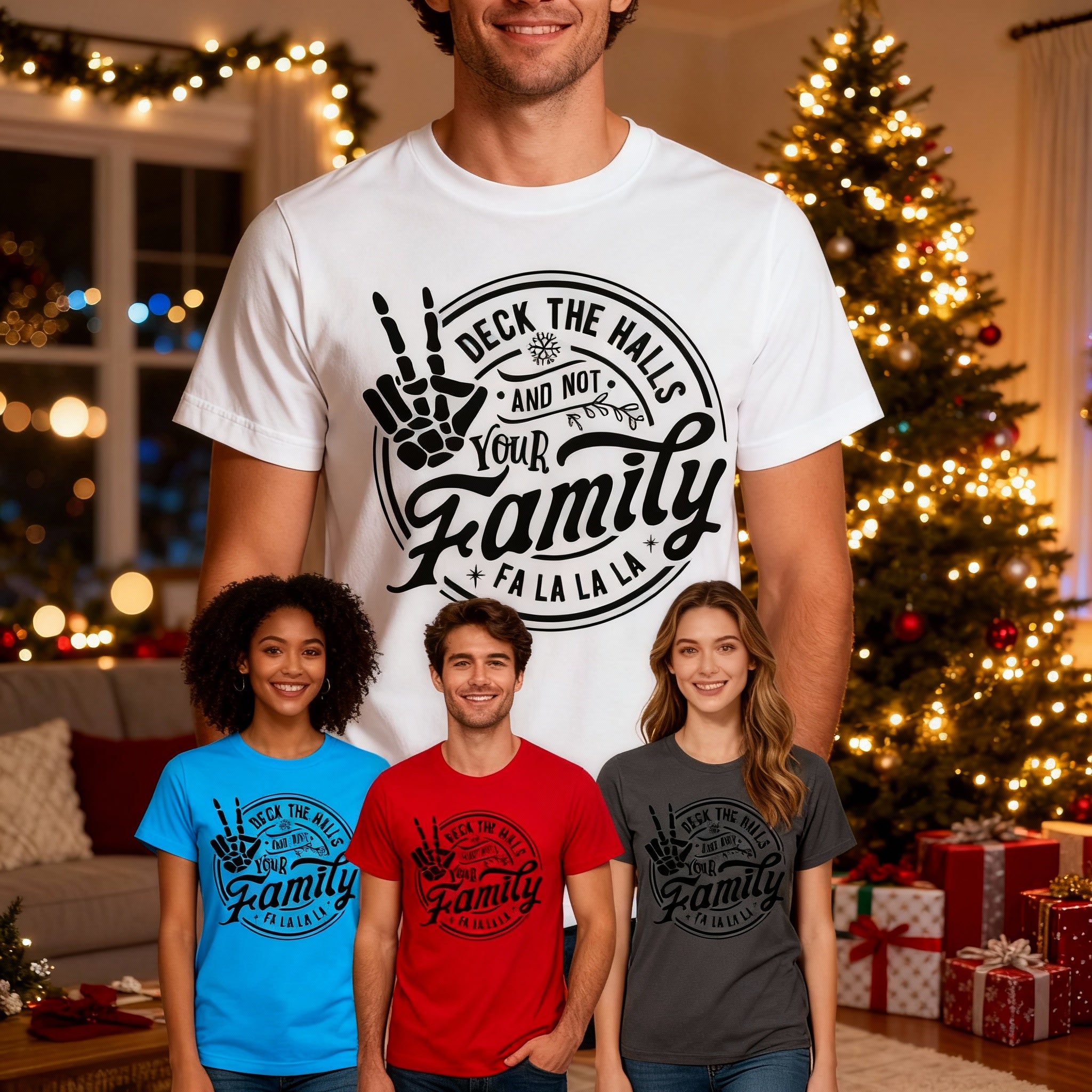 Christmas Unisex T Shirt With Skeleton Hand Deck The Halls Not Your Family Fa La La La Graphic