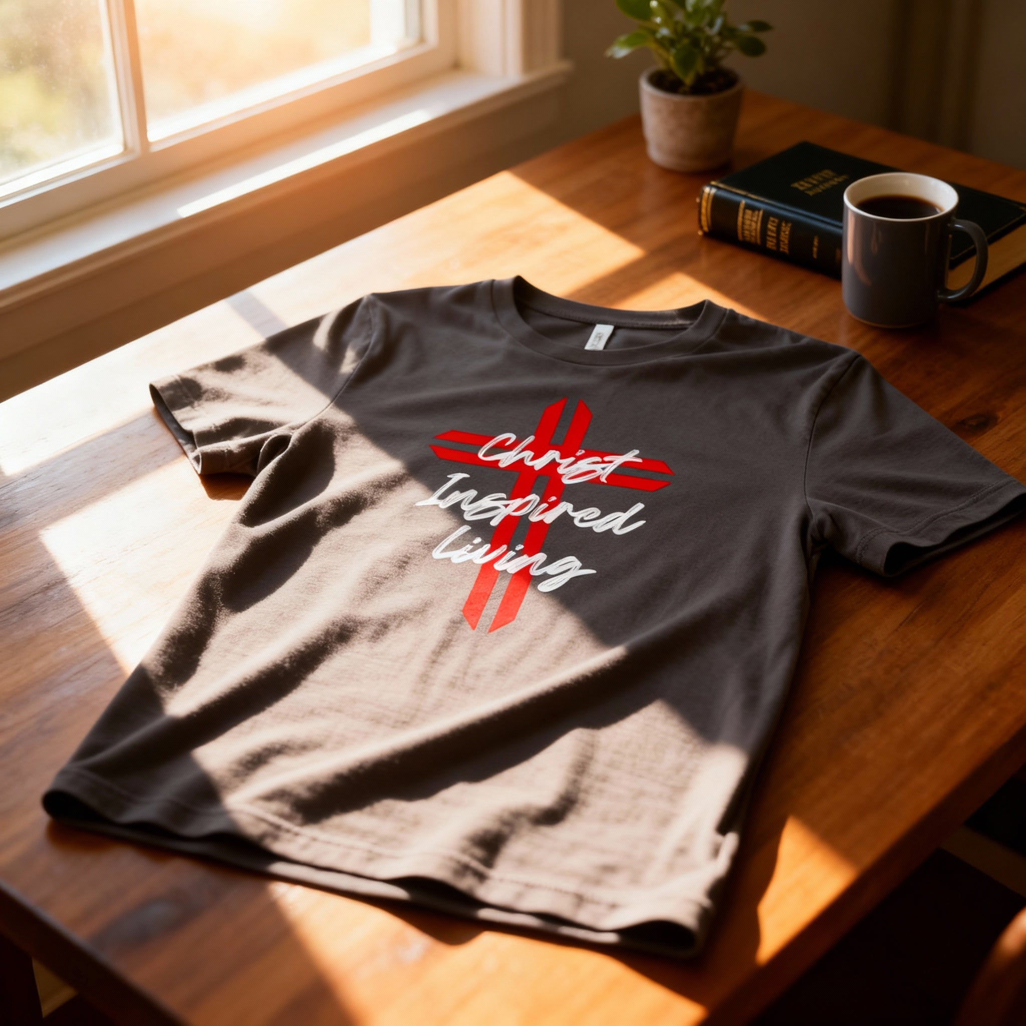 Christian Cross Graphic T Shirt Featuring Christ Inspired Living Script Overlay For Men And Women