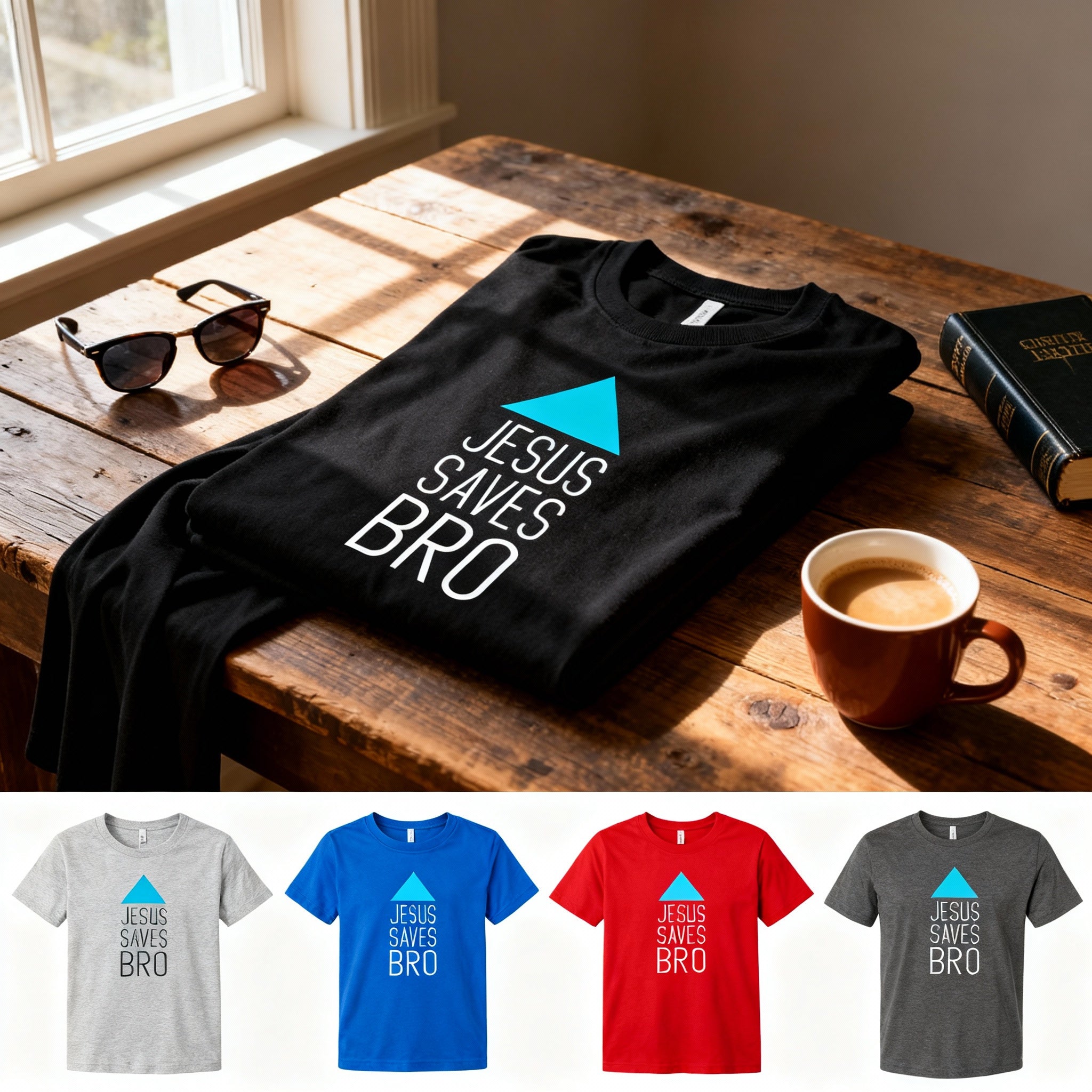 Unisex Christian T Shirt Featuring Jesus Saves Bro With Cyan Triangle Graphic Artwork