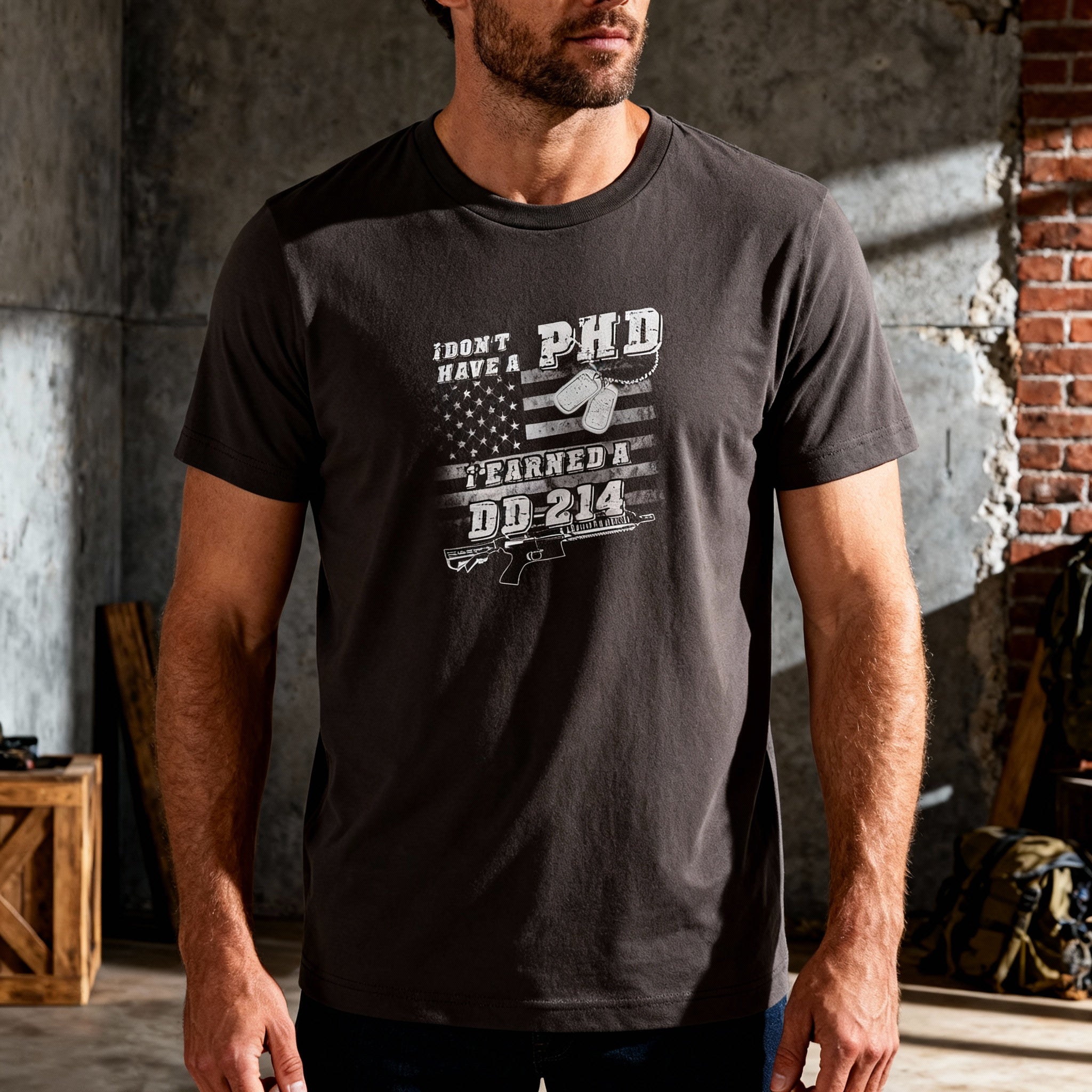 Don't Have a PhD I Earned a DD-214 Veteran Graphic Tee With Flag, Dog Tags And Rifle