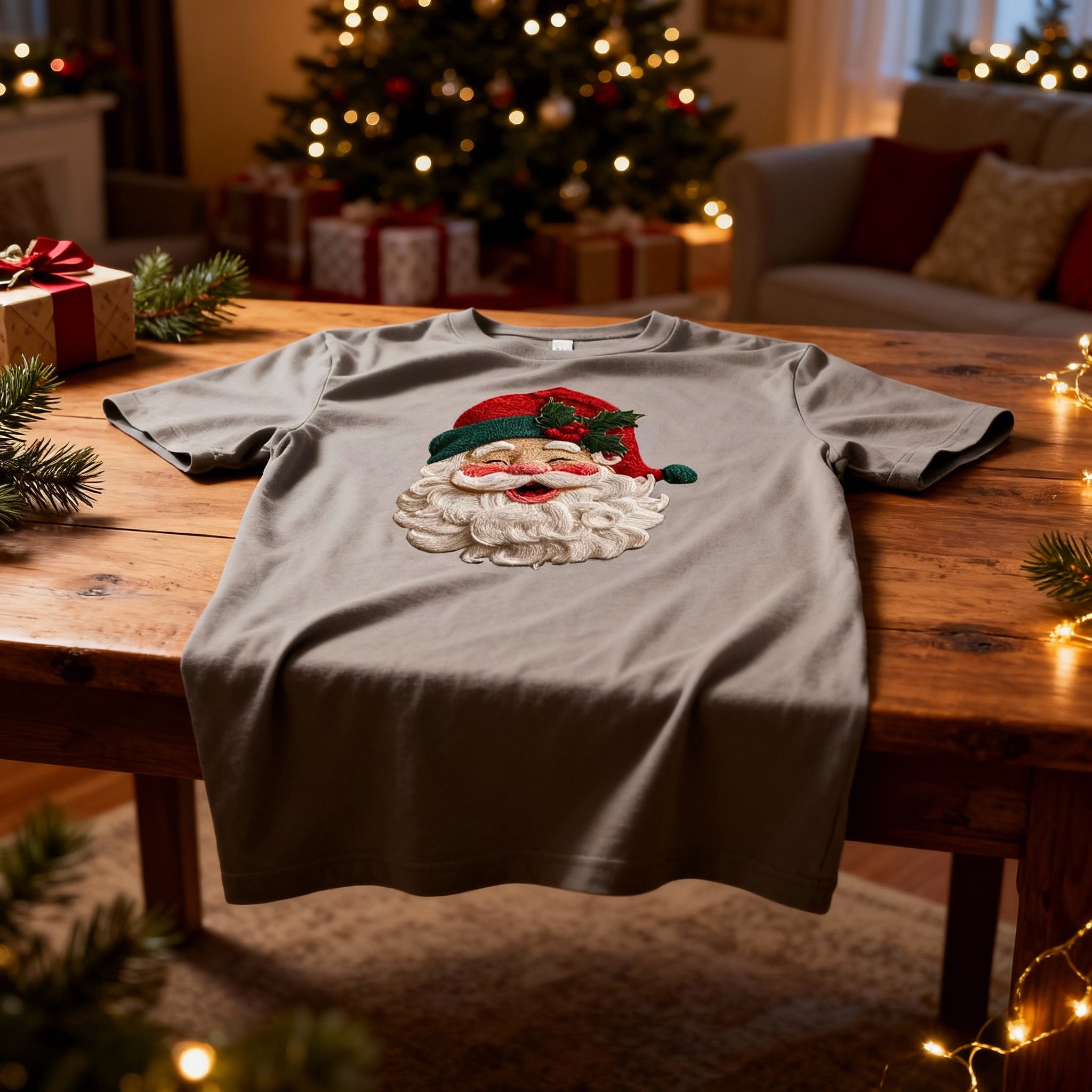 Unisex Christmas T Shirt With Santa Face And Holly Hat Design For Holiday Cheer