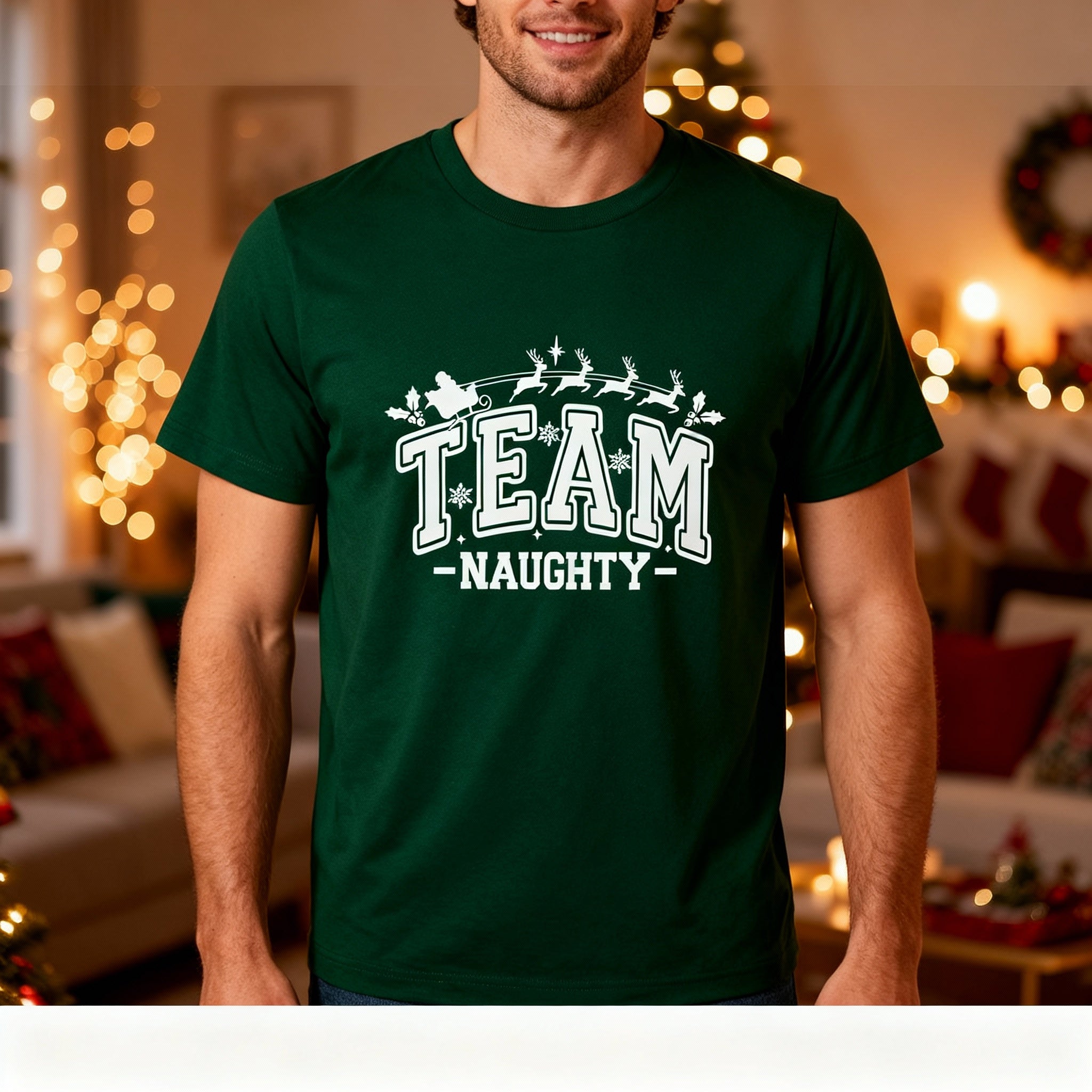 Team Naughty Christmas Graphic T Shirt Unisex Holiday Tee With Santa Sleigh Design