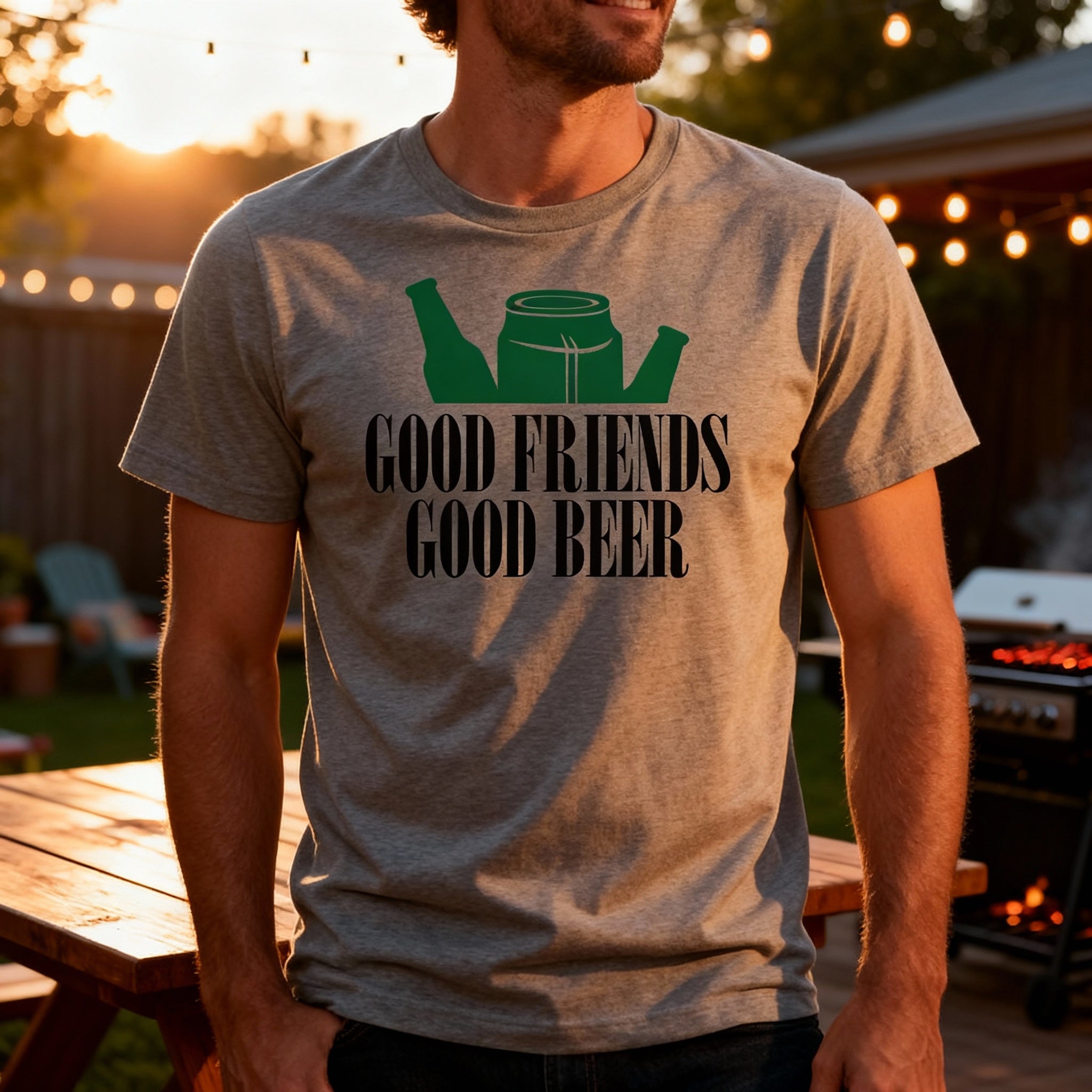 Unisex Graphic T Shirt With Beer Bottles And Can Design Featuring Good Friends Good Beer